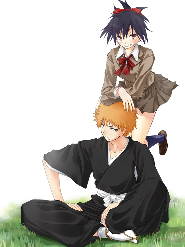 iwasaki takashi, kurosaki ichigo, senna (bleach), bleach, bleach: memories of nobody, 00s, 1boy, 1girl, black hair, blush, brown eyes, grass, grin, hair ribbon, hair up, happy, high ponytail, japanese clothes, kimono, leg lift, long hair, orange hair, outdoors, ponytail, purple hair, red eyes, ribbon, sandals, school uniform, shoes, short hair, sitting, skirt, smile, socks, sweatdrop