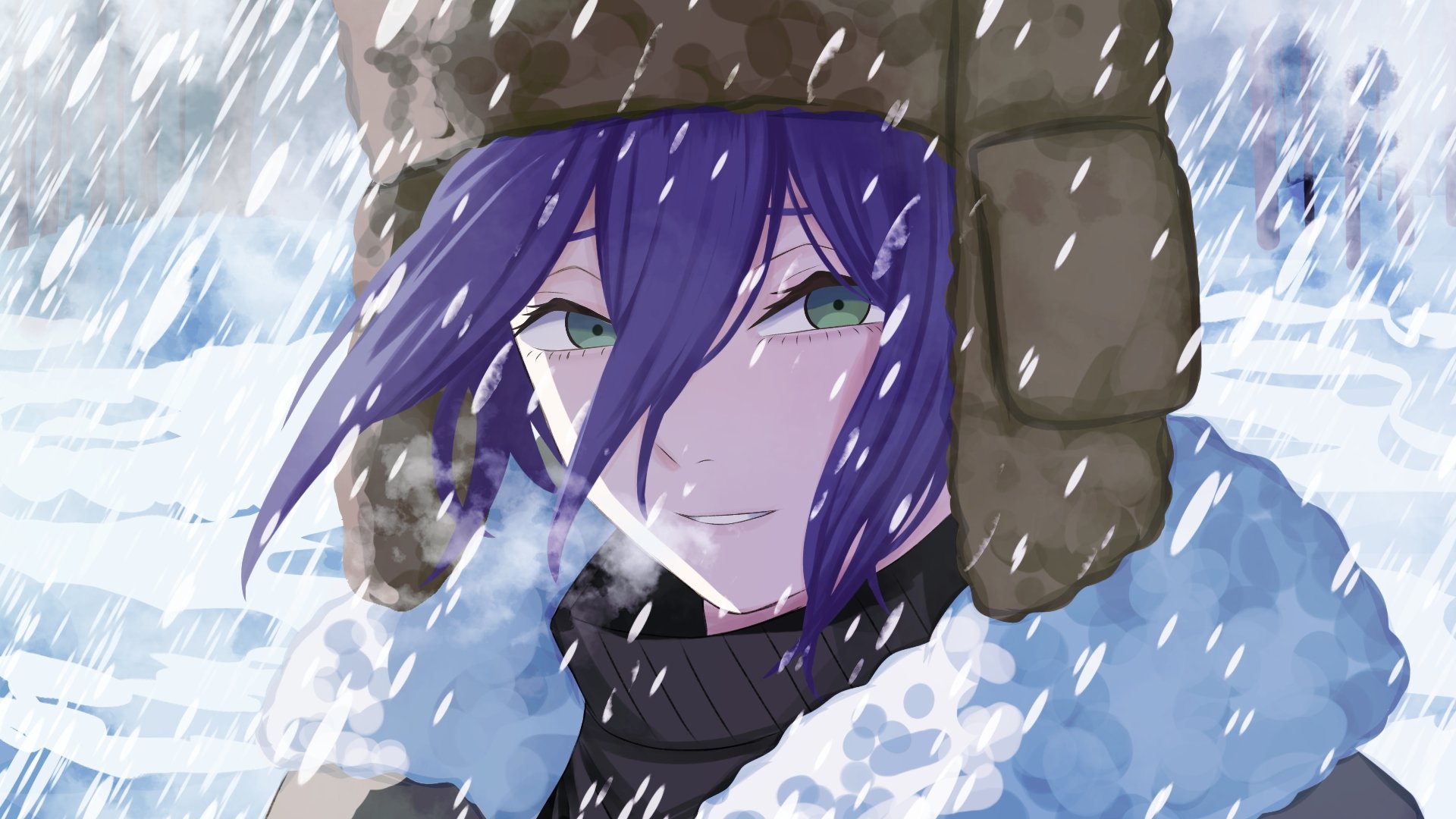 mccheese, reze (chainsaw man), chainsaw man, highres, 1girl, black sweater, brown hat, green eyes, hair between eyes, hat, looking at viewer, outdoors, parted lips, purple hair, snow, snowing, solo, sweater, turtleneck, turtleneck sweater, ushanka