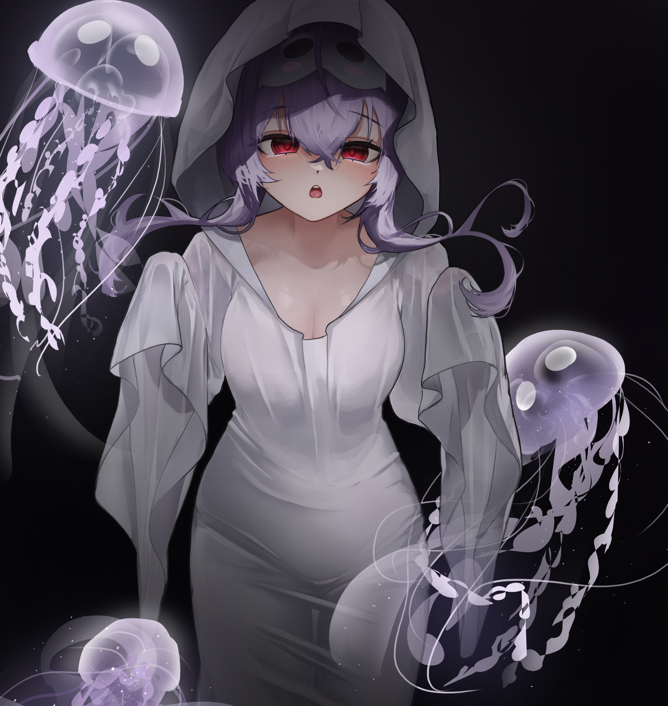rh4a8p, liberalio (nikke), goddess of victory: nikke, highres, 1girl, ahoge, black background, blush, breasts, cleavage, cowboy shot, ghost costume, ghost pose, hair between eyes, hairband, jellyfish, looking at viewer, medium breasts, open mouth, purple hair, red eyes, sheet ghost, short hair with long locks, standing, yellow eyes