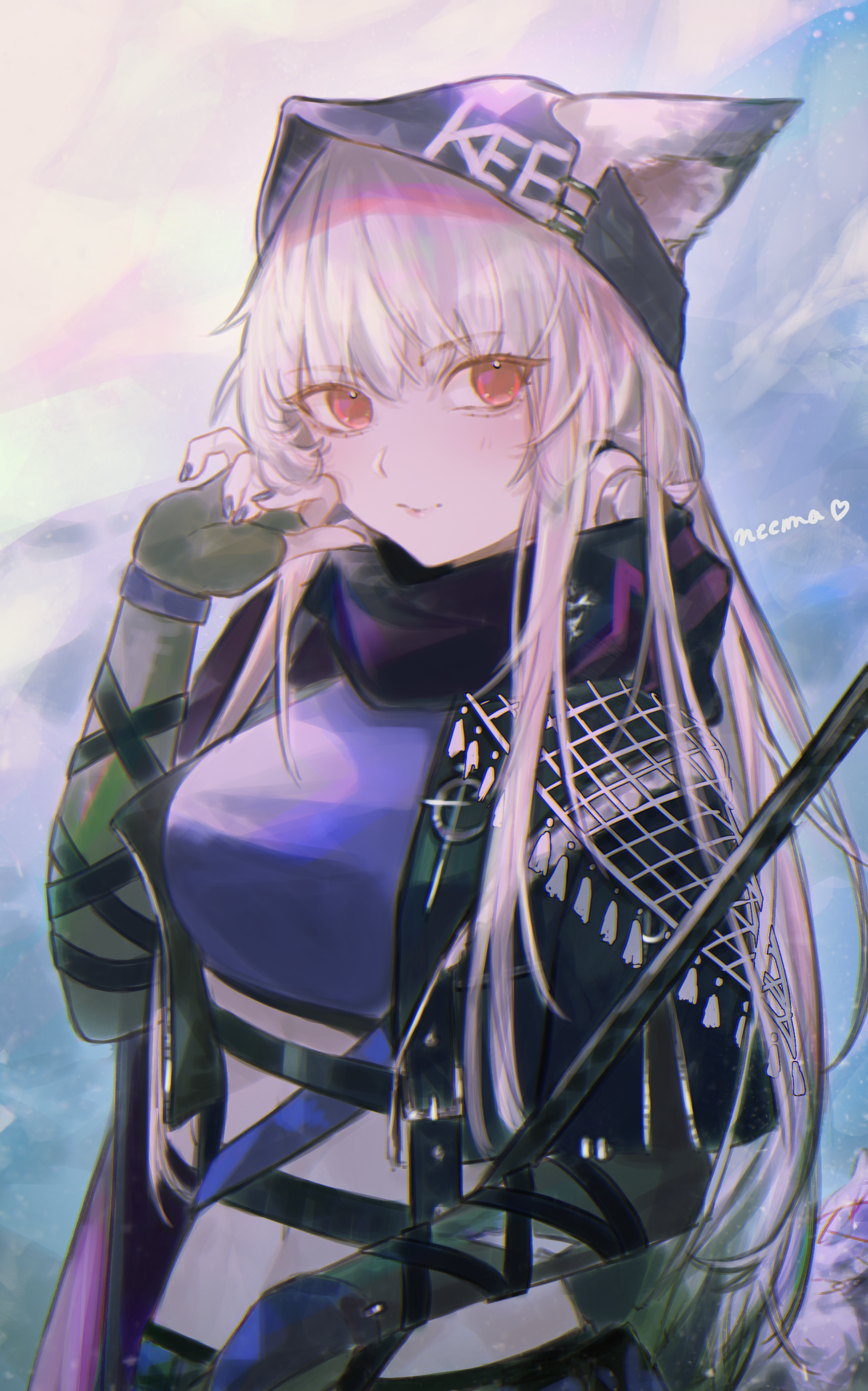 neema (oneemasan), frostleaf (arknights), frostleaf (breaking the ice) (arknights), arknights, absurdres, commentary, english commentary, highres, 1girl, animal ears, arm strap, artist name, black hat, chromatic aberration, closed mouth, clothes writing, crop top, ears through headwear, elbow gloves, fingerless gloves, fingernails, gloves, green gloves, grey hair, hand in own hair, hand up, hat, heart, holding, light smile, long hair, looking at viewer, nail polish, navel, official alternate costume, purple nails, red eyes, solo