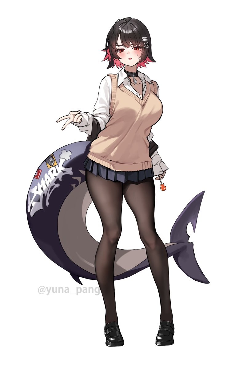 yuna (deadawon), ellen joe, zenless zone zero, commentary request, revision, 1girl, alternate costume, black hair, black pantyhose, black shoes, breasts, brown sweater vest, candy, colored inner hair, fins, fish tail, food, full body, gyaru v, holding, holding candy, holding food, holding lollipop, large breasts, loafers, lollipop, looking at viewer, multicolored hair, pantyhose, pleated skirt, red hair, school uniform, shark girl, shark tail, shirt, shoes, short hair, simple background, skirt, solo, standing, sweater vest, tail, twitter username, v, white background, white shirt