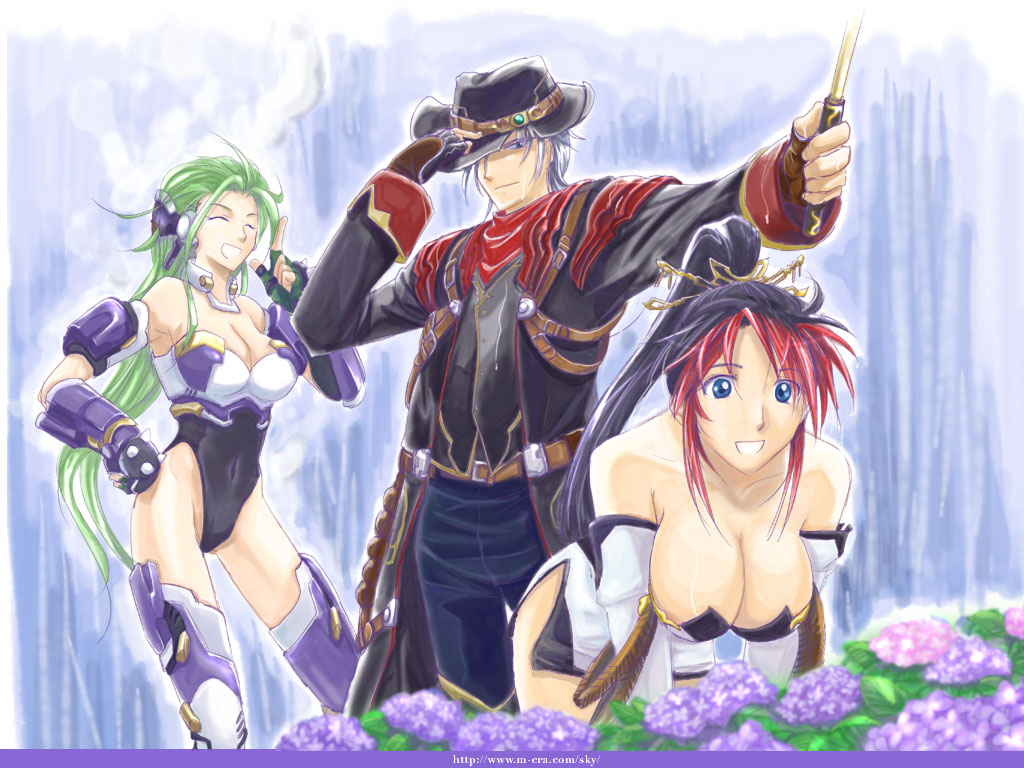 asou naruto, aschen brodel, harken browning, nanbu kaguya, banpresto, super robot wars, super robot wars og saga mugen no frontier, 1boy, 2girls, black hair, blue eyes, bodysuit, breasts, cleavage, cowboy, cowboy hat, cowboy western, detached sleeves, fingerless gloves, gauntlets, gloves, green hair, grey hair, hair ornament, hat, large breasts, long hair, multicolored hair, multiple girls, navel, ponytail, red hair, robot ears, two-tone hair, western, white hair