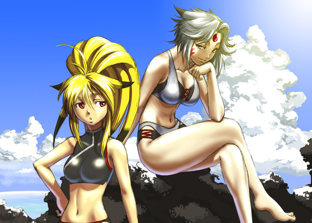 saitou kazue, saya (namco x capcom), xiaomu, banpresto, capcom, namco, namco x capcom, super robot wars, super robot wars og saga mugen no frontier, silver hair, 2girls, ahoge, animal ears, barefoot, bikini, blonde hair, breasts, cleavage, crossed legs, day, forehead jewel, fox ears, hand on own hip, head rest, hip focus, large breasts, long hair, midriff, multicolored hair, multiple girls, navel, red eyes, short hair, sitting, sports bikini, swimsuit, tankini, two-tone hair, yellow eyes