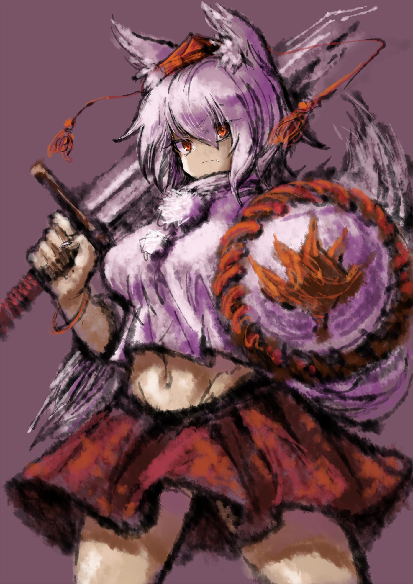 2b-ge, inubashiri momiji, touhou, chinese commentary, highres, animal ears, bracelet, fang, hair between eyes, hat, holding, holding shield, holding sword, holding weapon, jewelry, leaf, maple leaf, midriff, navel, one-hour drawing challenge, pom pom (clothes), red eyes, red hat, red skirt, shield, shirt, skirt, sword, tail, tokin hat, weapon, white hair, white shirt, wolf ears, wolf girl, wolf tail
