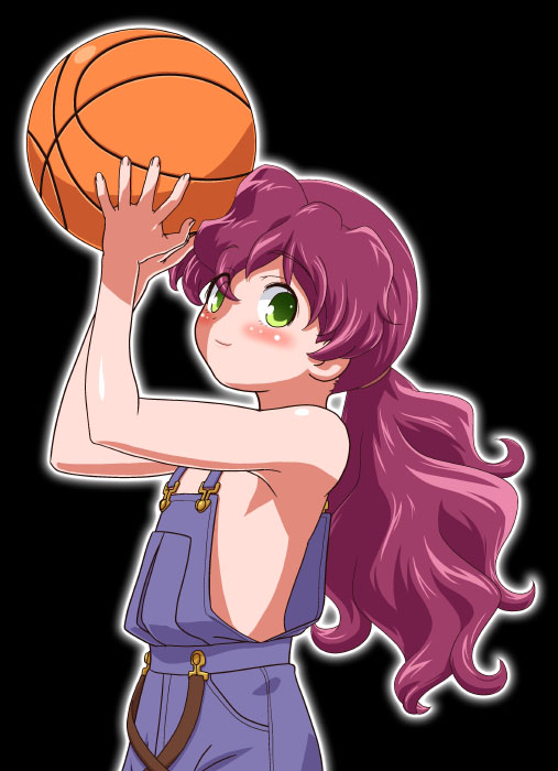 gambler club, flora skybloom, basquash!, 00s, alan naismith, armpits, ball, bare shoulders, basketball, basketball (object), black background, blush, flat chest, green eyes, loli, long hair, looking at viewer, naked overalls, no bra, off shoulder, overalls, ponytail, purple hair, red hair, shiny skin, simple background, solo