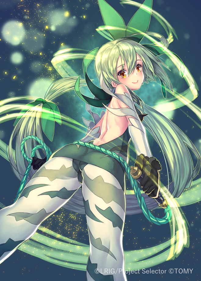 kutori pan'ya, mel (wixoss), wixoss, official art, 1girl, ahoge, ass, backless dress, backless outfit, black gloves, copyright notice, dress, gloves, green dress, green hair, holding, holding whip, long hair, looking at viewer, pantyhose, red eyes, smile, solo, very long hair, white pantyhose
