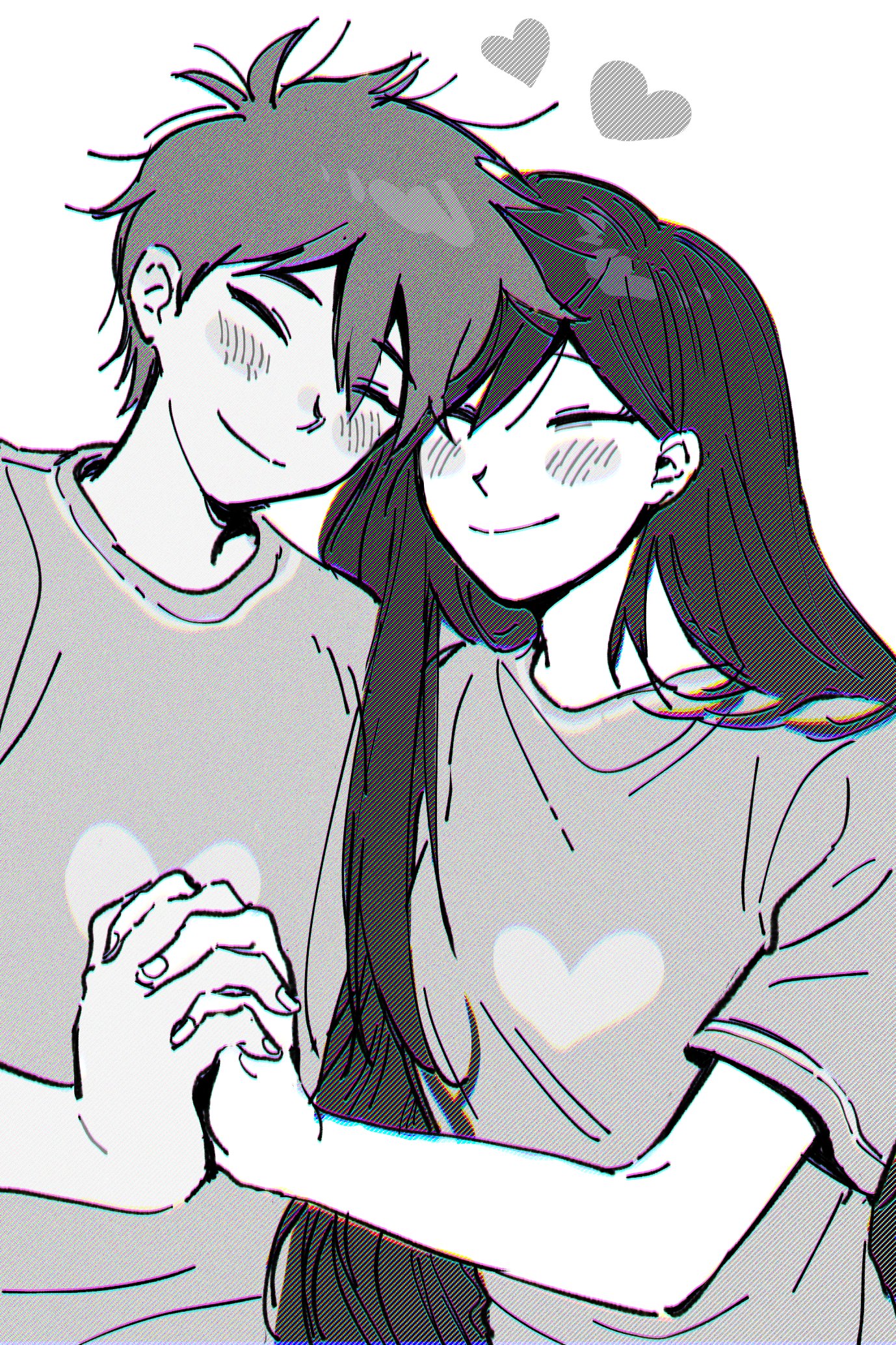 bu3hgg, hero (faraway) (omori), hero (omori), mari (faraway) (omori), mari (omori), omori, highres, 1boy, 1girl, alternate costume, antenna hair, blush, closed eyes, closed mouth, dark-skinned male, dark skin, double-parted bangs, hair between eyes, holding hands, interlocked fingers, long hair, shirt, short hair, smile, t-shirt