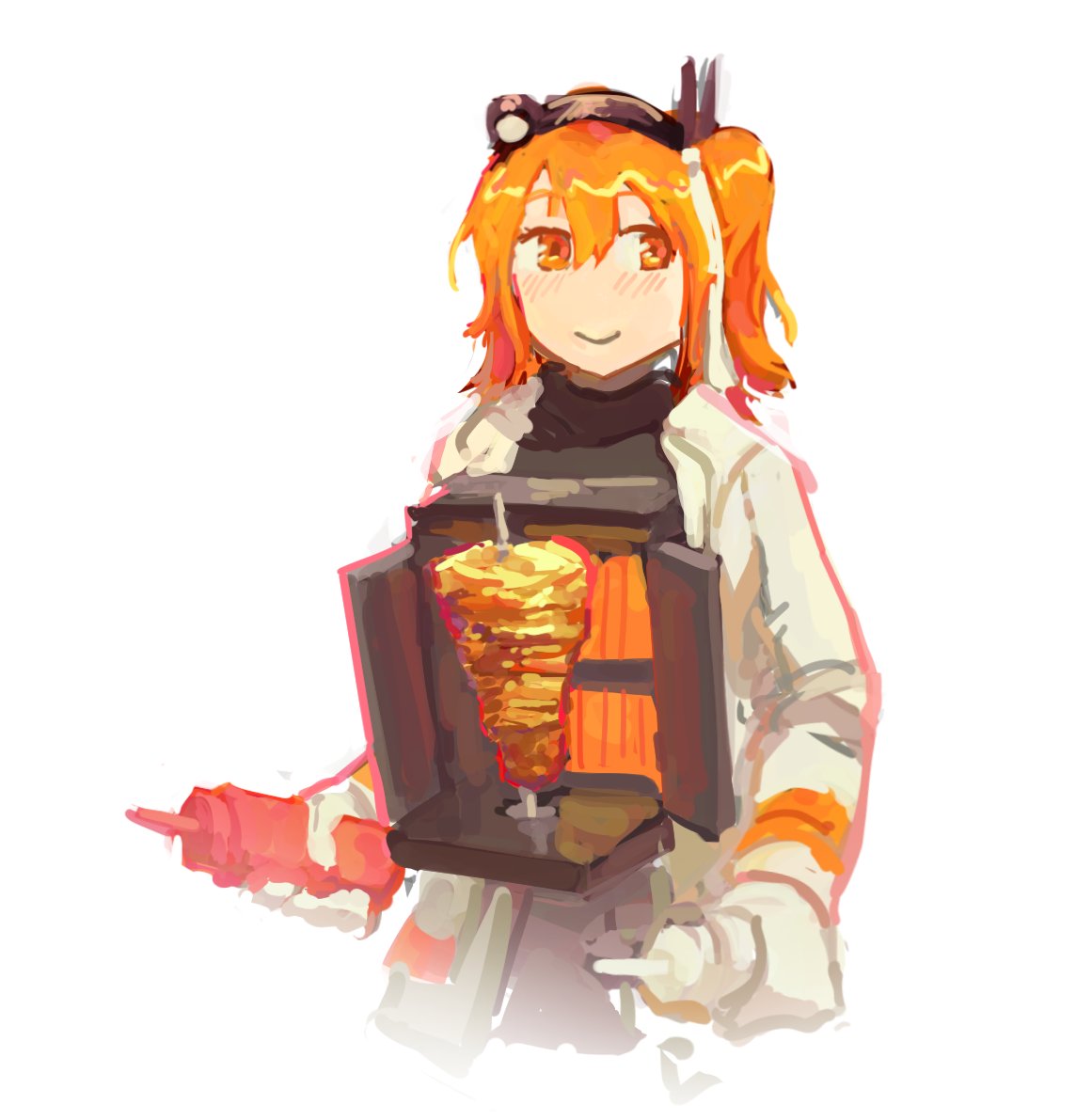 adachi rei, a.i. voice, utau, 1girl, android, black shirt, blush, bottle, coat, doner kebab, gloves, hair ribbon, hairband, holding, holding bottle, long sleeves, looking at viewer, medium hair, meme, no nose, one side up, open clothes, open coat, orange eyes, orange hair, ribbon, shawarmachine (meme), shirt, simple background, smile, solo, standing, sui (landakkukus), upper body, vertical rotisserie, white background, white coat, white gloves
