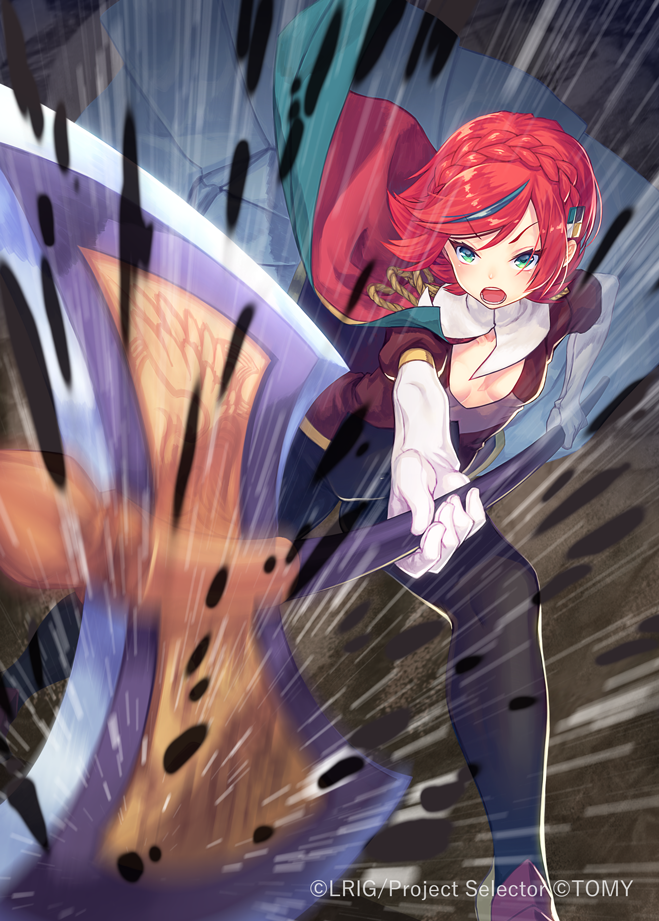 kutori pan'ya, ril (wixoss), wixoss, official art, 1girl, axe, black pantyhose, blue eyes, blue hair, copyright notice, elbow gloves, gloves, holding, holding axe, jacket, looking at viewer, multicolored hair, open mouth, pantyhose, red hair, red jacket, red shoes, shoes, short hair, solo, streaked hair, teeth, upper teeth only, white gloves