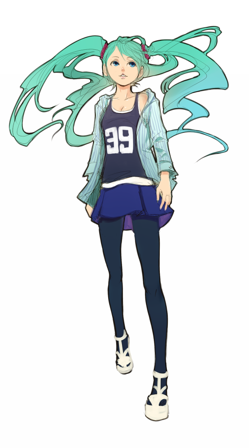 kansou samehada, hatsune miku, vocaloid, bad id, bad pixiv id, aqua hair, blue eyes, green hair, pantyhose, skirt, twintails