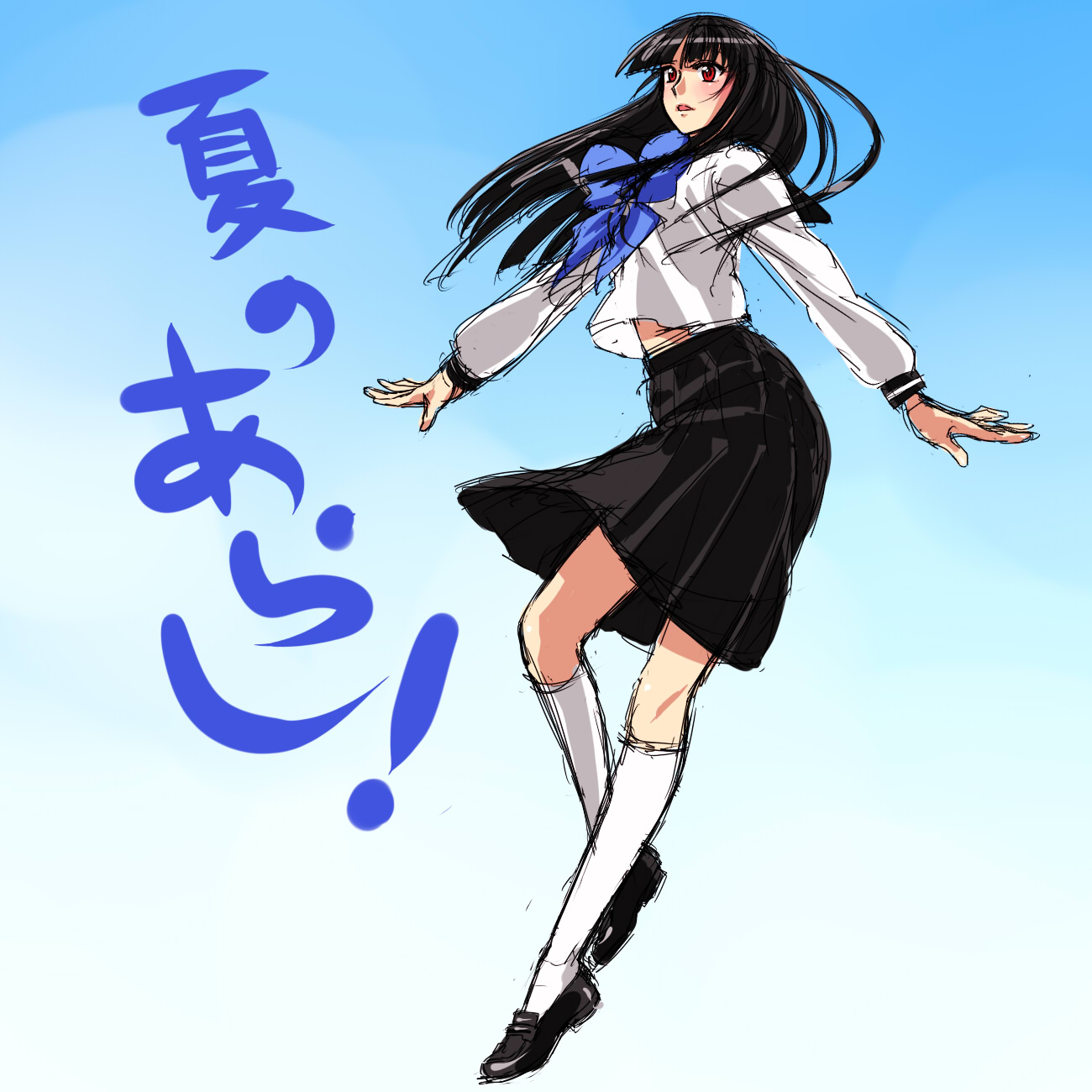 tamtam, arashiyama sayoko, natsu no arashi!, bad id, bad pixiv id, highres, 00s, 1girl, black hair, blunt bangs, blush, female focus, full body, gradient background, hime cut, kneehighs, long hair, midriff, red eyes, school uniform, serafuku, socks, solo