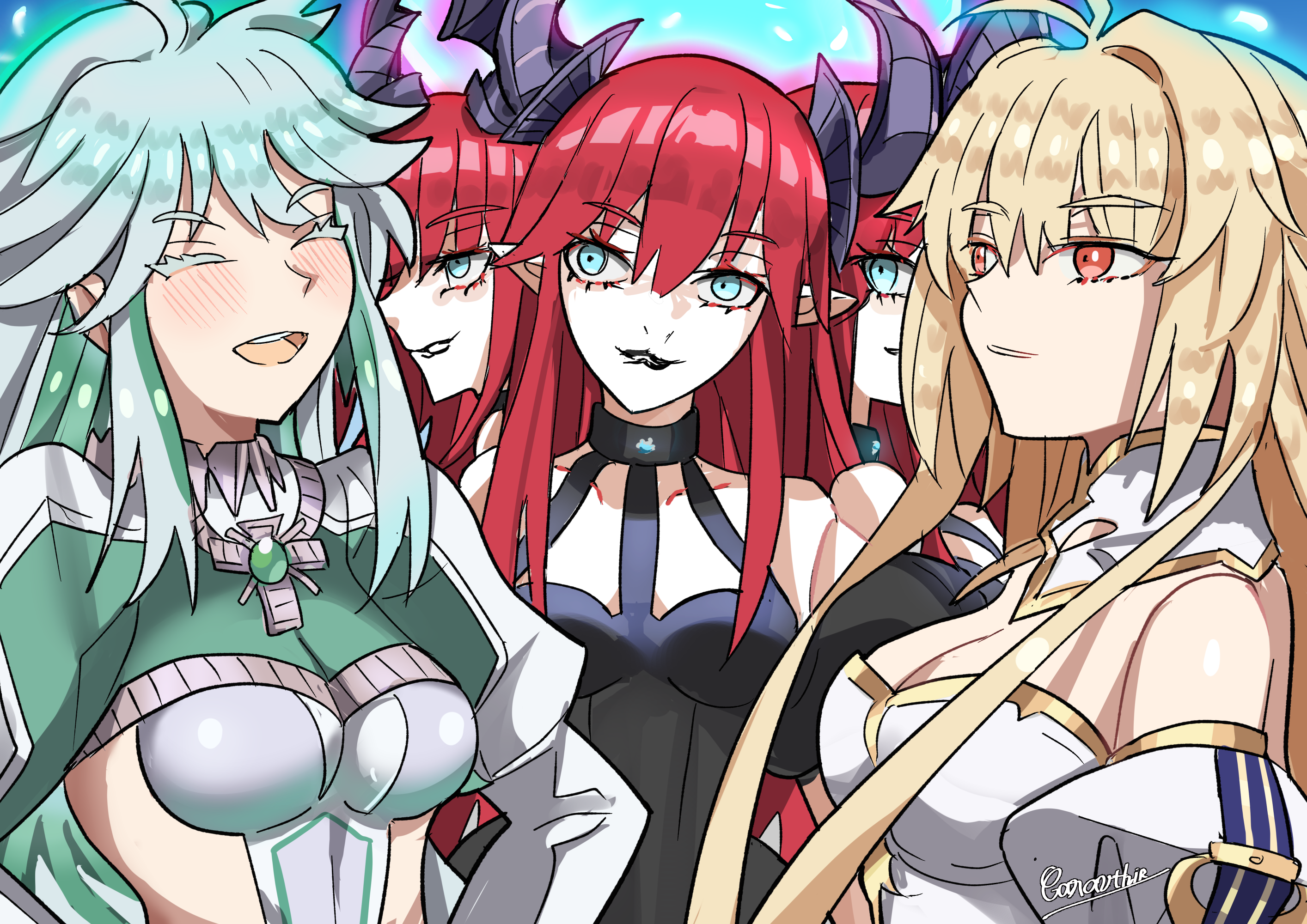 caravthir, archetype earth, arcueid brunestud, elizabeth bathory (fate), kukulkan (fate), kukulkan (second ascension) (fate), fate/grand order, fate (series), tsukihime, tsukihime (remake), highres, 5girls, bare shoulders, black dress, black lips, blonde hair, blue eyes, blush, breasts, cleavage, closed eyes, detached sleeves, dress, eliza arsia, eliza ascreaus, eliza pavonis, gold trim, green dress, green hair, hair between eyes, horns, king eliza, lipstick, long hair, makeup, monster girl, multiple girls, open mouth, puffy sleeves, red eyes, red hair, smile, trait connection, wavy hair, white dress