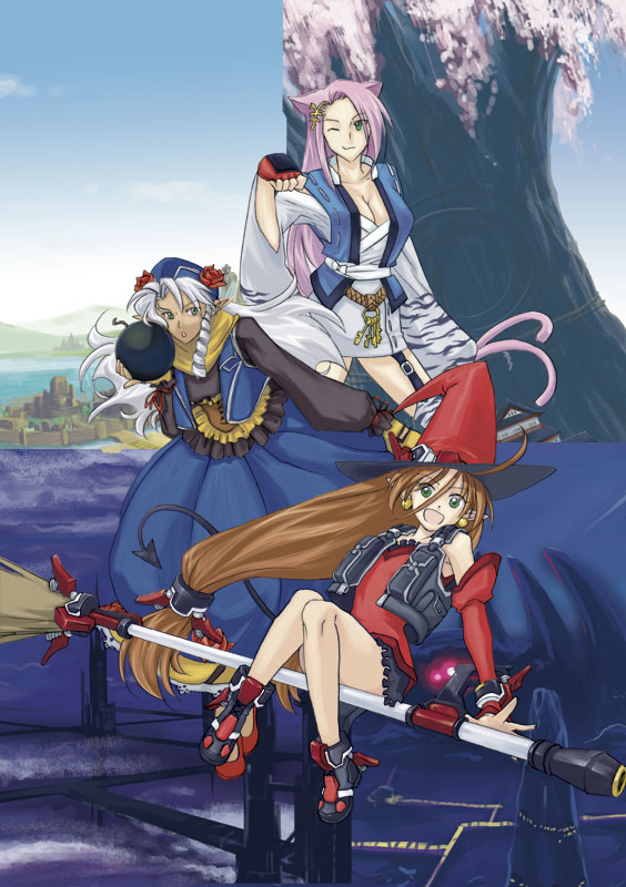 asou naruto, dorothy mistral, koma (srw), kyon feulion, banpresto, super robot wars, super robot wars og saga mugen no frontier, silver hair, 3girls, animal ears, bandages, breasts, broom, broom riding, brown hair, cat ears, cleavage, detached sleeves, dress, drill hair, fingerless gloves, garter belt, gloves, green eyes, hat, large breasts, long hair, multiple girls, one eye closed, pink hair, pointy ears, sidesaddle, skirt, vest, wink, witch hat