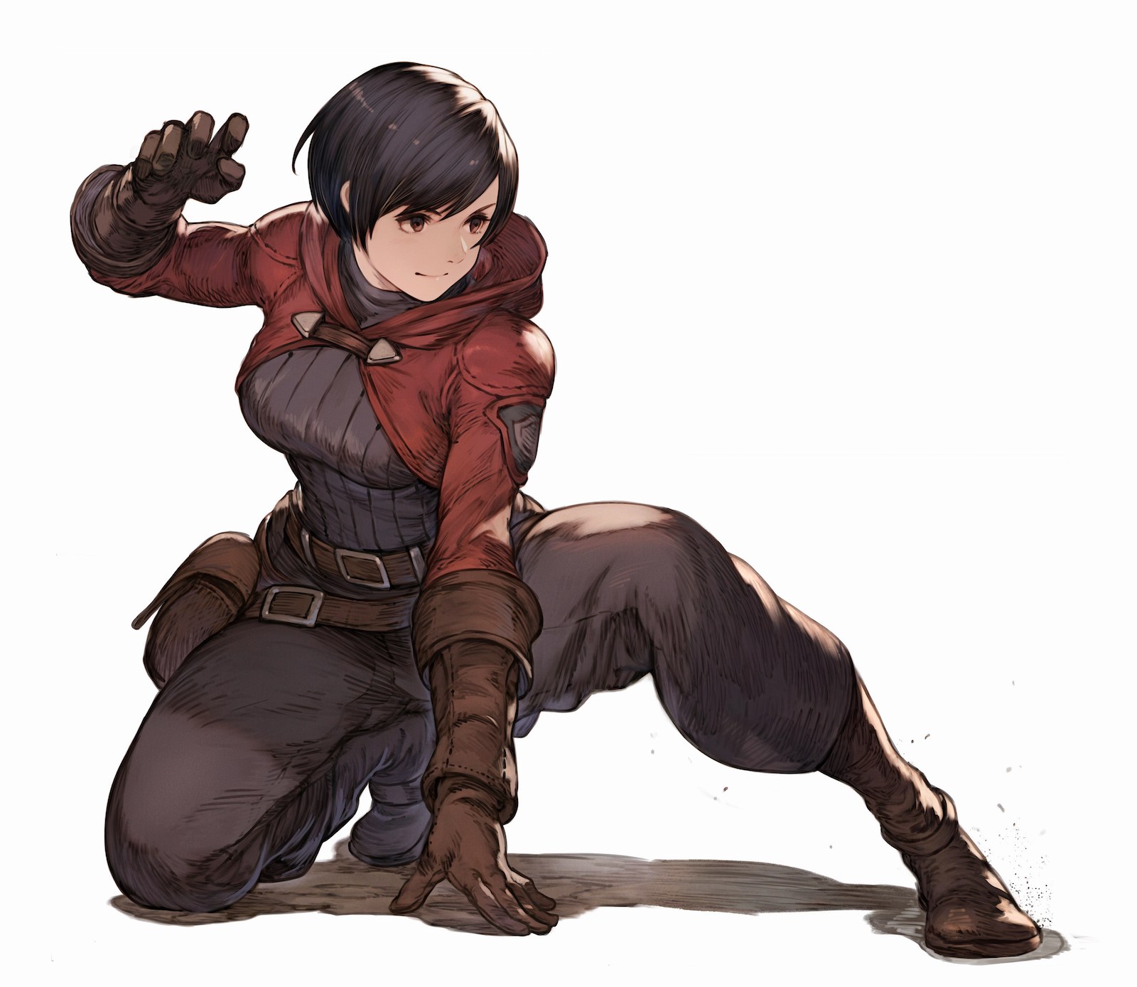 dojen, original, highres, 1girl, belt, black hair, brown gloves, cropped jacket, gloves, hood, leather, leather gloves, looking to the side, monk, on one knee, pouch, puffy pants, red eyes, shadow, short hair, solo