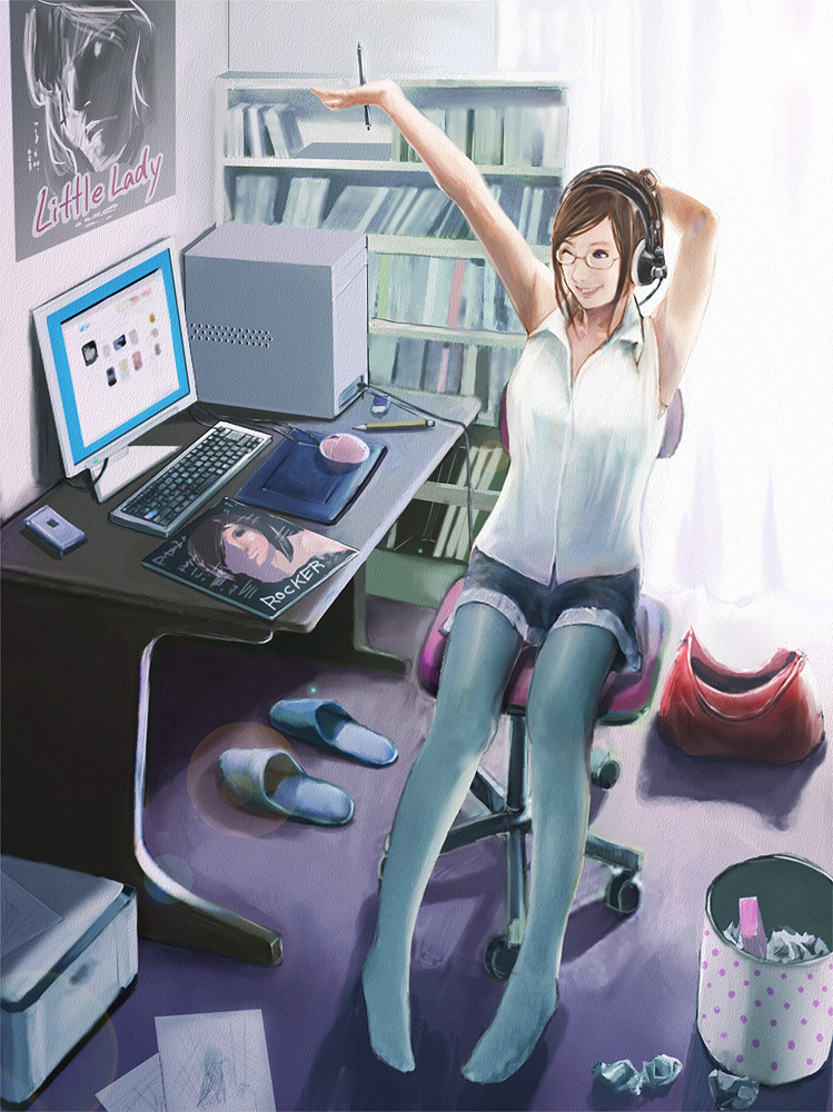 socha (pixiv99744), original, bad id, bad pixiv id, 1girl, arms up, bag, bare shoulders, blue pantyhose, bookshelf, brown eyes, brown hair, cellphone, chair, computer, computer keyboard, computer mouse, curtains, drawing tablet, female focus, full body, glasses, handbag, headphones, legs, lens flare, long hair, magazine (object), monitor, mouse (animal), one eye closed, pantyhose, phone, poster (medium), poster (object), sitting, slippers, smile, solo, stretching, swivel chair, trash can, wink