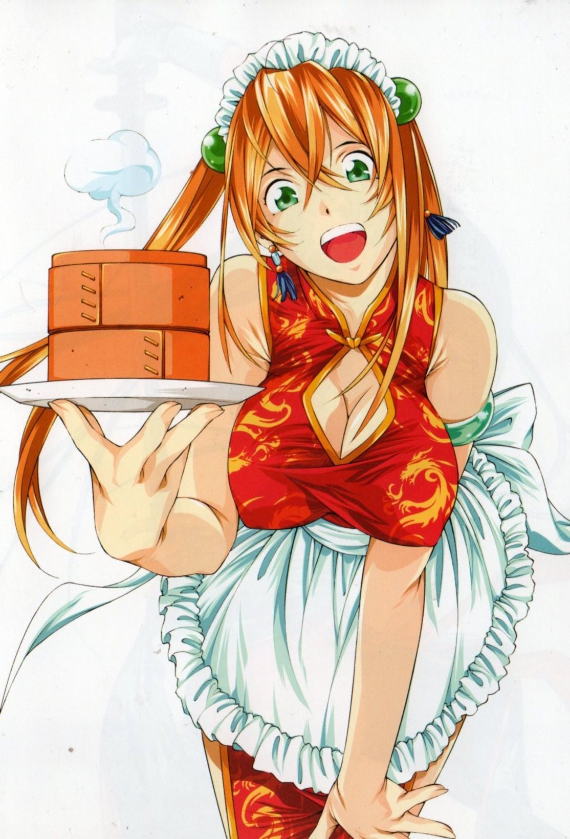 shiozaki yuji, sonsaku hakufu, ikkitousen, highres, official art, scan, scan artifacts, 00s, 1girl, :d, apron, armlet, bamboo steamer, blue eyes, breasts, china dress, chinese clothes, cleavage, cleavage cutout, clothing cutout, covered erect nipples, dress, earrings, female focus, green eyes, hair bobbles, hair ornament, jewelry, large breasts, leaning forward, long hair, maid headdress, open mouth, orange hair, plate, sleeveless, smile, solo, steam, twintails, waist apron, waitress
