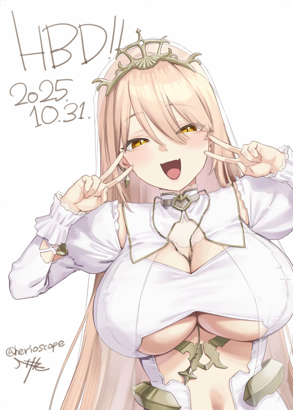 herio, nui sociere, nui sociere (6th costume), nijisanji, highres, 1girl, between breasts, blonde hair, breasts, center opening, cleavage, detached collar, double v, dress, earrings, fang, hair between eyes, happy birthday, jewelry, large breasts, long hair, long sleeves, necklace, open mouth, skin fang, solo, tiara, underboob, v, very long hair, virtual youtuber, yellow eyes