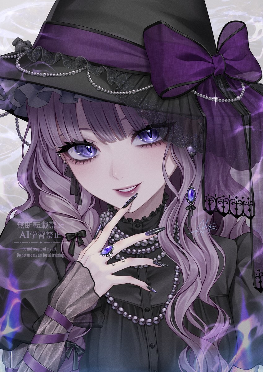 saijou yurika, character request, copyright request, highres, 1girl, black hair, blue eyes, collar, dress, earrings, hat, jewelry, lolita fashion, long hair, looking at viewer, nail polish, purple hair, simple background, solo, upper body, watermark, white dress