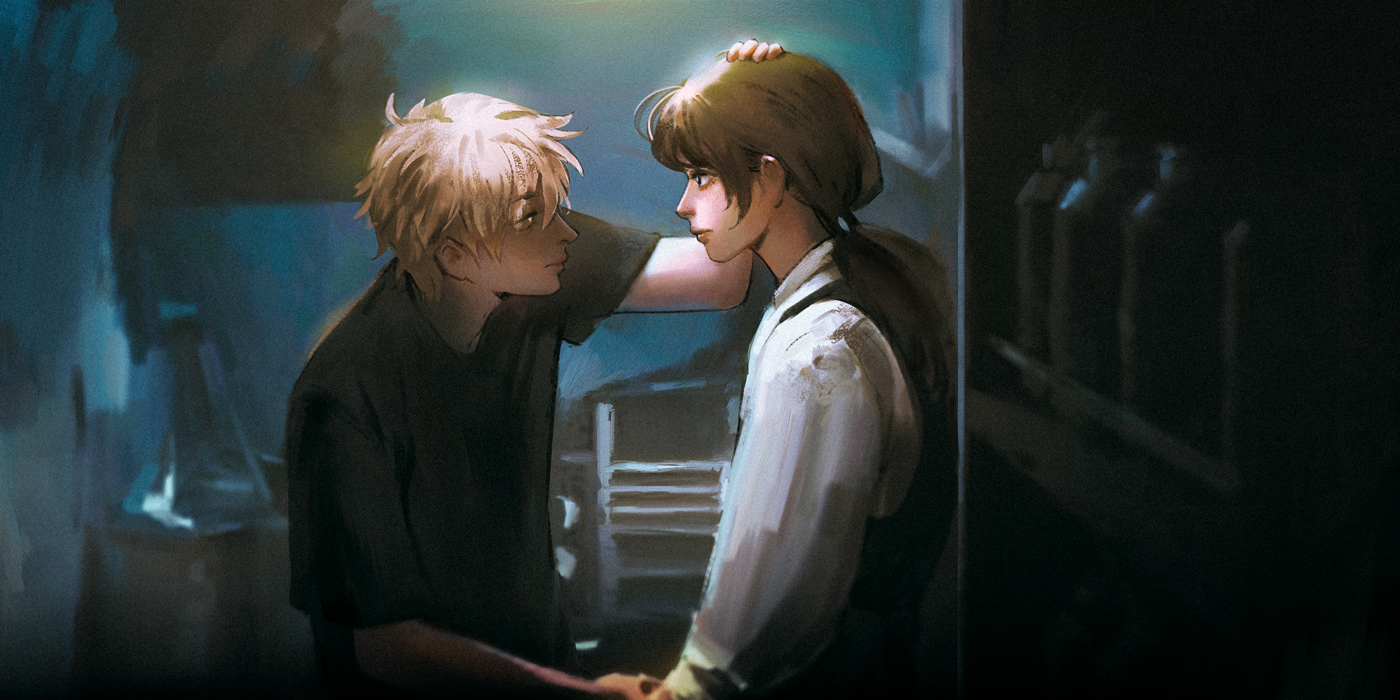 jacksonso, denji (chainsaw man), mitaka asa, chainsaw man, commentary, english commentary, 1boy, 1girl, black hair, black shirt, blonde hair, closed mouth, hand on another's head, indoors, long hair, looking at another, shirt, short hair, white shirt