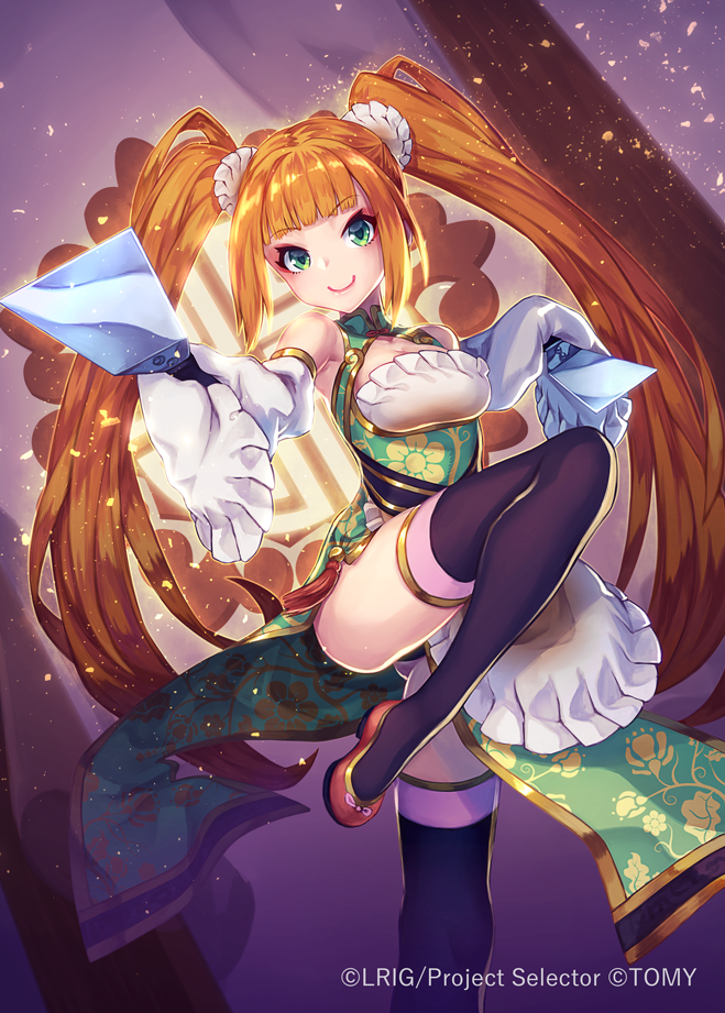 kutori pan'ya, wixoss, official art, 1girl, blue eyes, breasts, closed mouth, copyright notice, dress, green dress, gyudo (wixoss), long hair, looking at viewer, medium breasts, orange hair, purple thighhighs, sleeves past fingers, sleeves past wrists, smile, solo, thigh strap, thighhighs, twintails, very long hair
