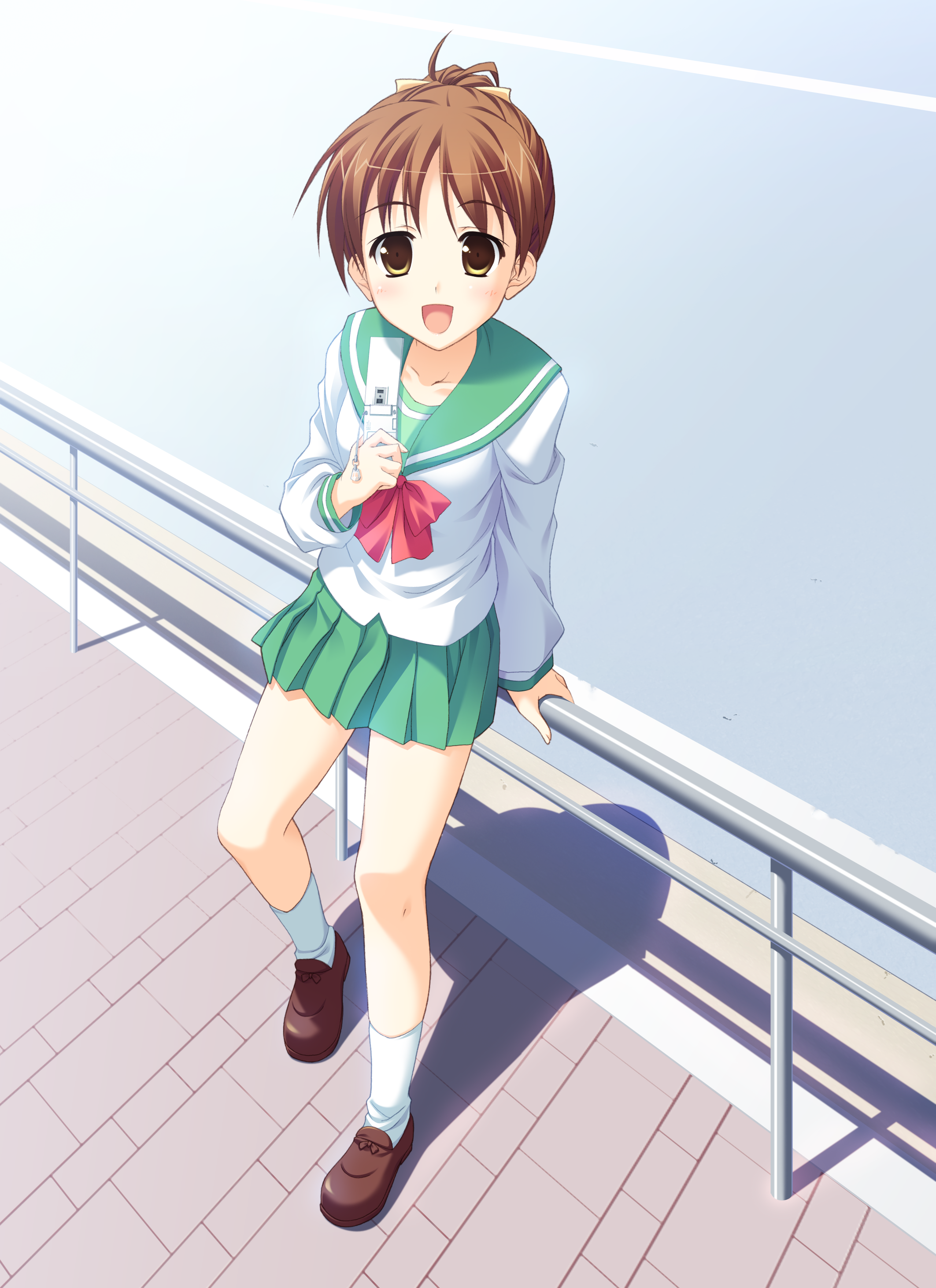hinata nao, hirasawa ui, k-on!, absurdres, highres, 00s, 1girl, blue eyes, brown eyes, brown hair, cellphone, female focus, full body, looking up, open mouth, outdoors, phone, railing, school uniform, skirt, solo