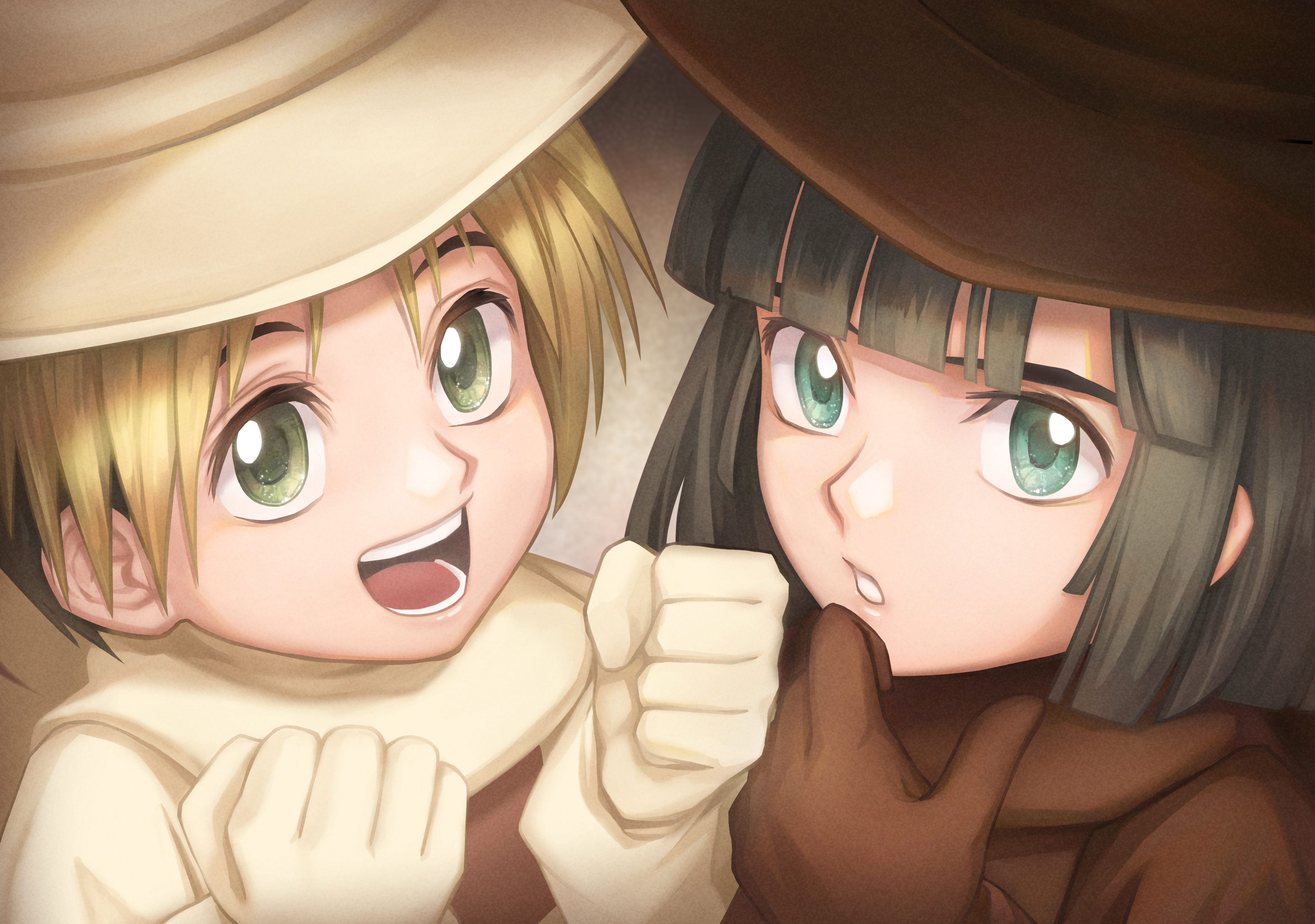 antatica11, shindou hikaru, touya akira, hikaru no go, absurdres, chinese commentary, commentary request, highres, 2boys, aged down, androgynous, black hair, blonde hair, brown gloves, brown hat, clenched hands, gloves, green eyes, hat, male focus, multicolored hair, multiple boys, two-tone hair, yellow gloves, yellow hat