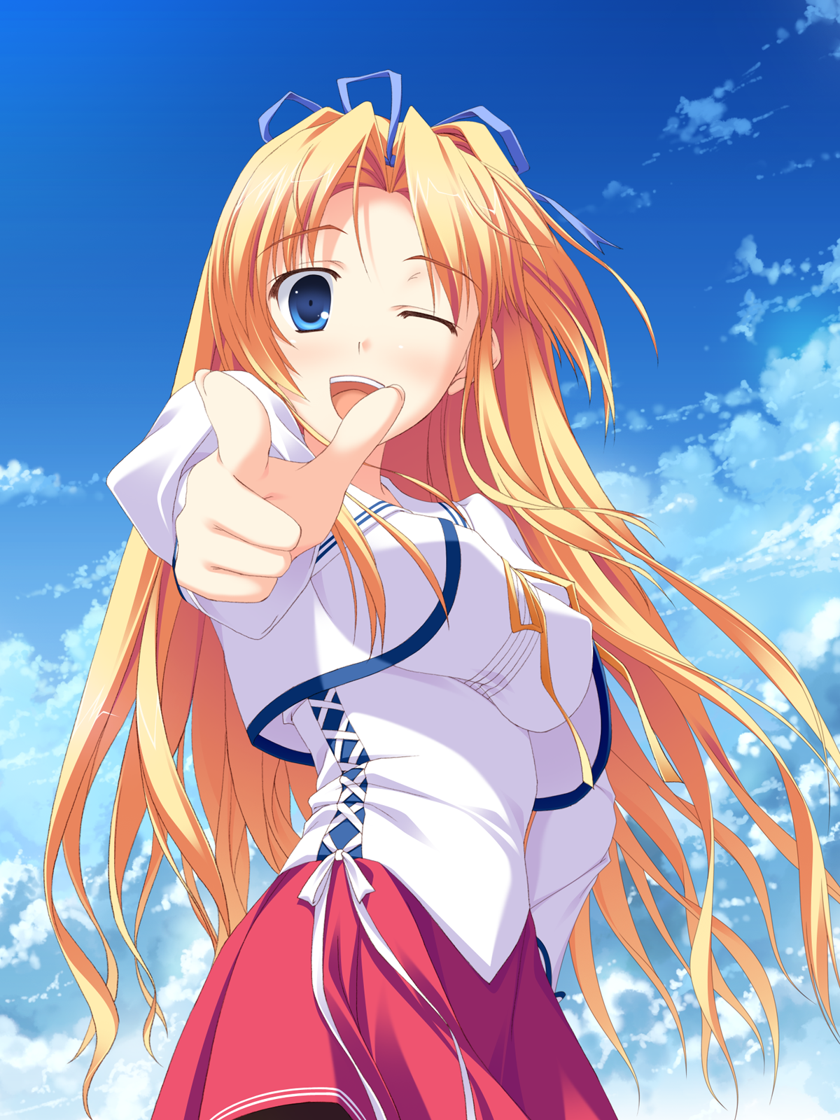 hinata nao, amatsu touko, marginal skip, bad id, bad pixiv id, highres, 1girl, blonde hair, blue eyes, breasts, cloud, day, female focus, hair ribbon, impossible clothes, impossible shirt, large breasts, long hair, looking at viewer, one eye closed, open mouth, pointing, pointing at viewer, ribbon, shirt, sky, solo, wind, wink