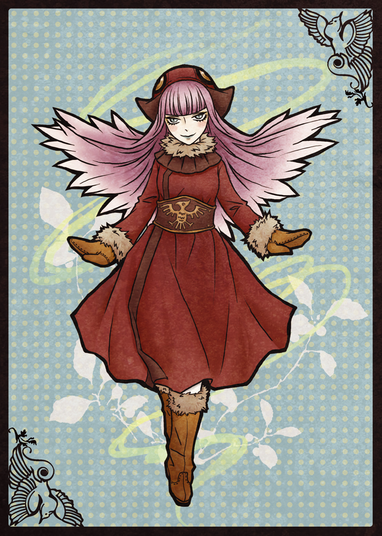 enraku (kemulily), muu shuwuu (megami tensei), shin megami tensei, 1girl, belt, bird, bird tail, bird wings, blue background, blunt bangs, blush, boots, branch print, brown boots, brown mittens, coat, demon (megami tensei), eye print, full body, fur-trimmed boots, fur-trimmed coat, fur trim, gloves, hair wings, hat, lineart, long hair, looking at viewer, mittens, perching, polka dot, polka dot background, purple hair, red coat, smile, solo, straight-on, swirl, tail, wings