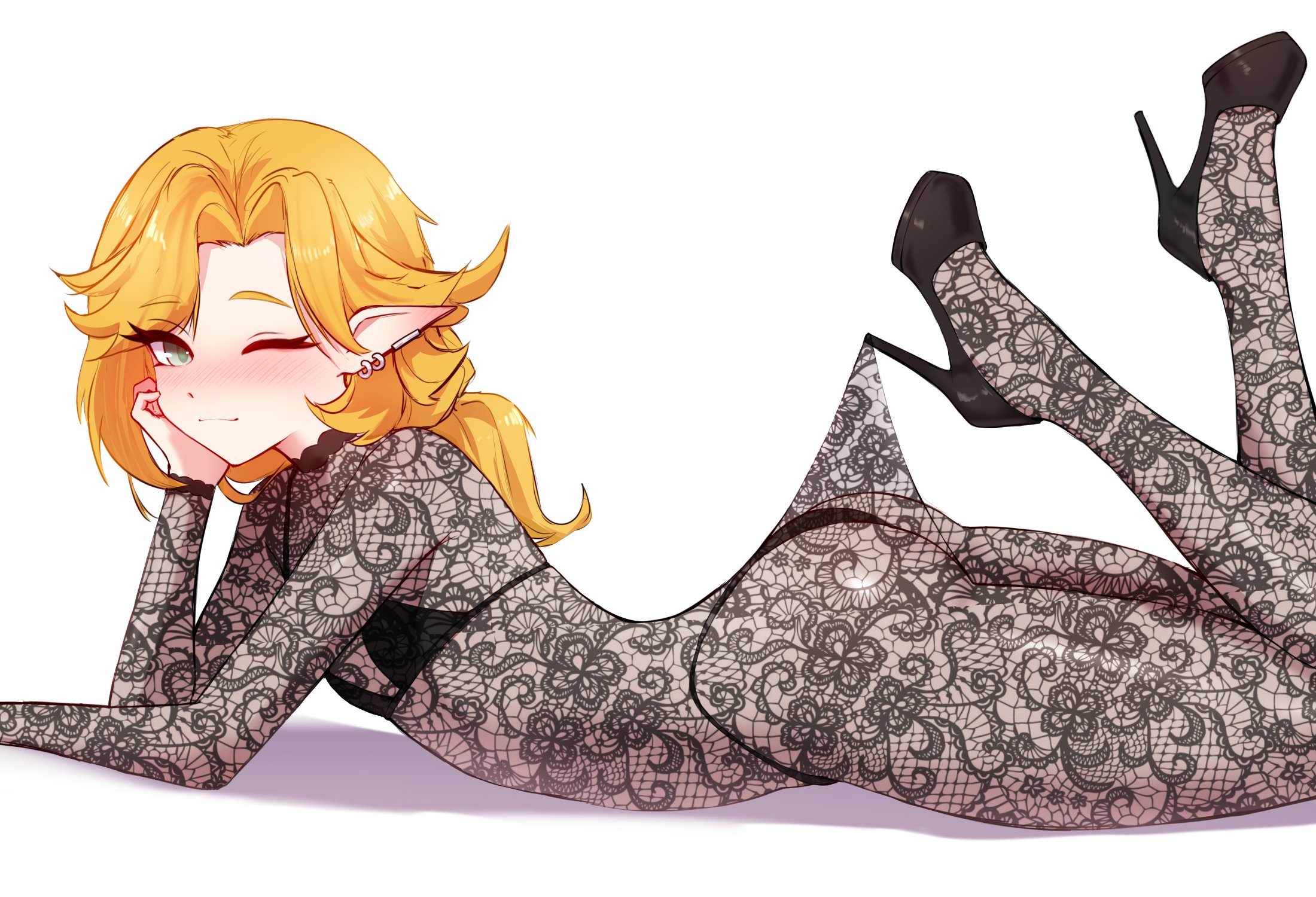 cgator, dokibird, indie virtual youtuber, commentary, english commentary, highres, 1girl, ass, black bra, black panties, black pantyhose, black shoes, blonde hair, blush, bra, breasts, closed mouth, ear piercing, high heels, lace pantyhose hooked on heel (meme), long hair, looking at viewer, meme, one eye closed, panties, pantyhose, piercing, pointy ears, shoes, simple background, small breasts, smile, solo, underwear, virtual youtuber, white background