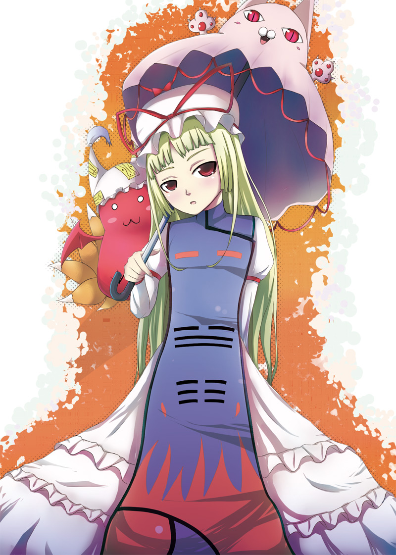 karukei, chen, gii, nago, rachel alucard, yakumo ran, yakumo yukari, arc system works, blazblue, touhou, bad id, bad pixiv id, 1girl, animal hat, bad anatomy, blonde hair, cosplay, crossover, hat, holding, holding umbrella, long hair, long sleeves, mob cap, parasol, poorly drawn, red eyes, tabard, tassel, umbrella, yakumo ran (cosplay), yakumo yukari (cosplay)