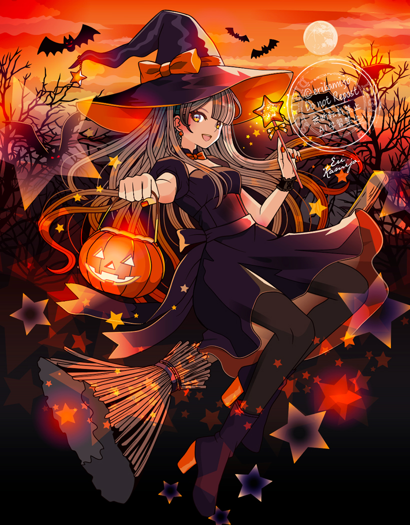 eri kamijo, character request, copyright request, 1girl, bat (animal), black dress, black thighhighs, broom, broom riding, dress, earrings, full body, full moon, halloween, hat, high heels, holding, jack-o'-lantern, jewelry, long hair, looking at viewer, moon, nail polish, open mouth, outdoors, purple eyes, smile, solo, standing, sunset, thighhighs, tree, wand, witch, witch hat