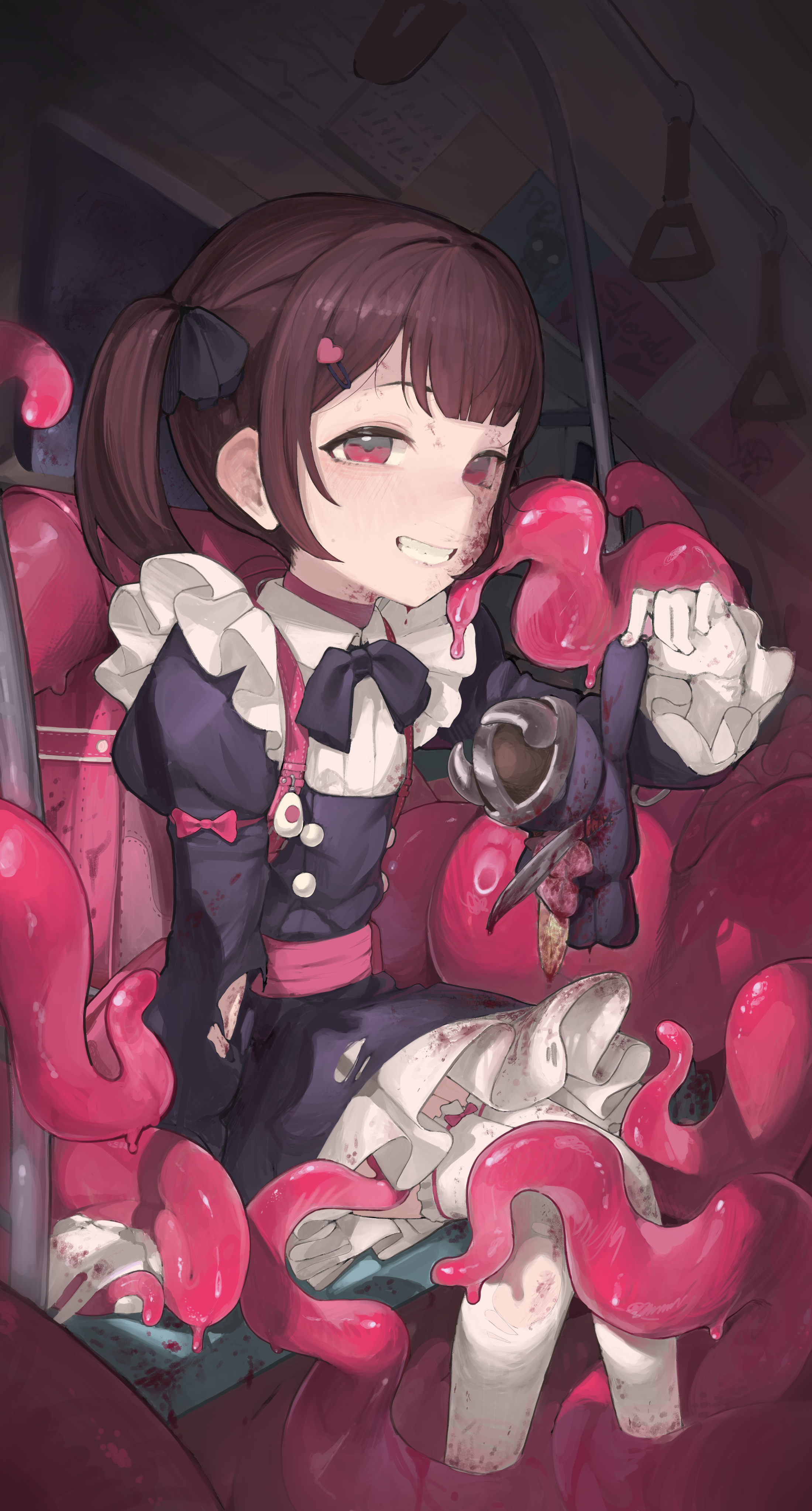 mirumiruchan, fallenshadow, indie virtual youtuber, absurdres, highres, 1girl, black dress, brown hair, dress, gloves, grin, hair ornament, hairclip, heart, heart hair ornament, juliet sleeves, long sleeves, looking at viewer, parted lips, puffy sleeves, red eyes, short hair, sitting, smile, tentacles, thighhighs, torn clothes, torn dress, torn thighhighs, train interior, twintails, virtual youtuber, white gloves, white thighhighs