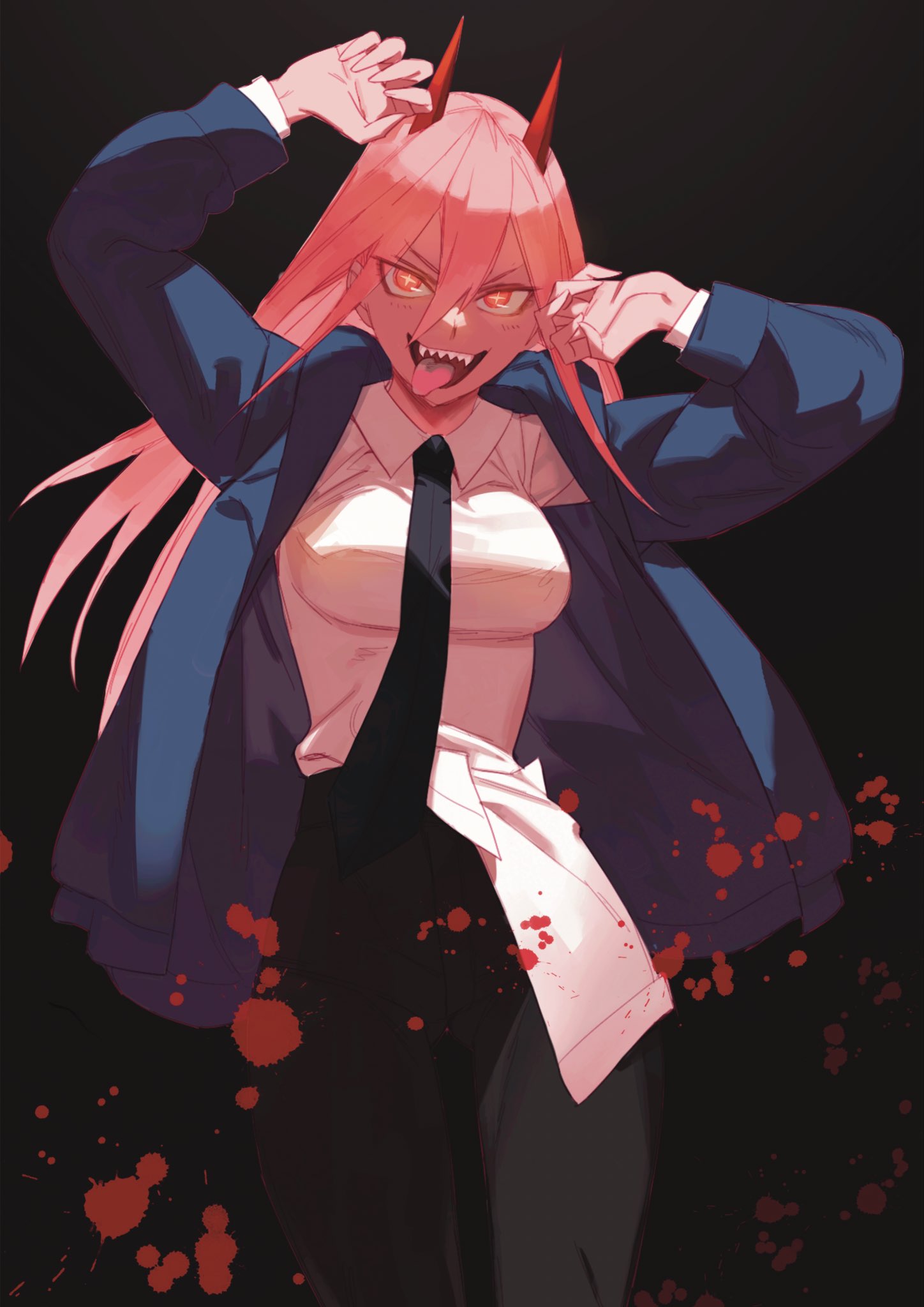 chilicayenne2d, power (chainsaw man), chainsaw man, highres, 1girl, black necktie, black pants, blue jacket, collared shirt, demon girl, demon horns, hair between eyes, horns, jacket, long hair, looking at viewer, necktie, pants, pink hair, red horns, sharp teeth, shirt, shirt tucked in, solo, teeth, tongue, tongue out, white shirt, yellow eyes