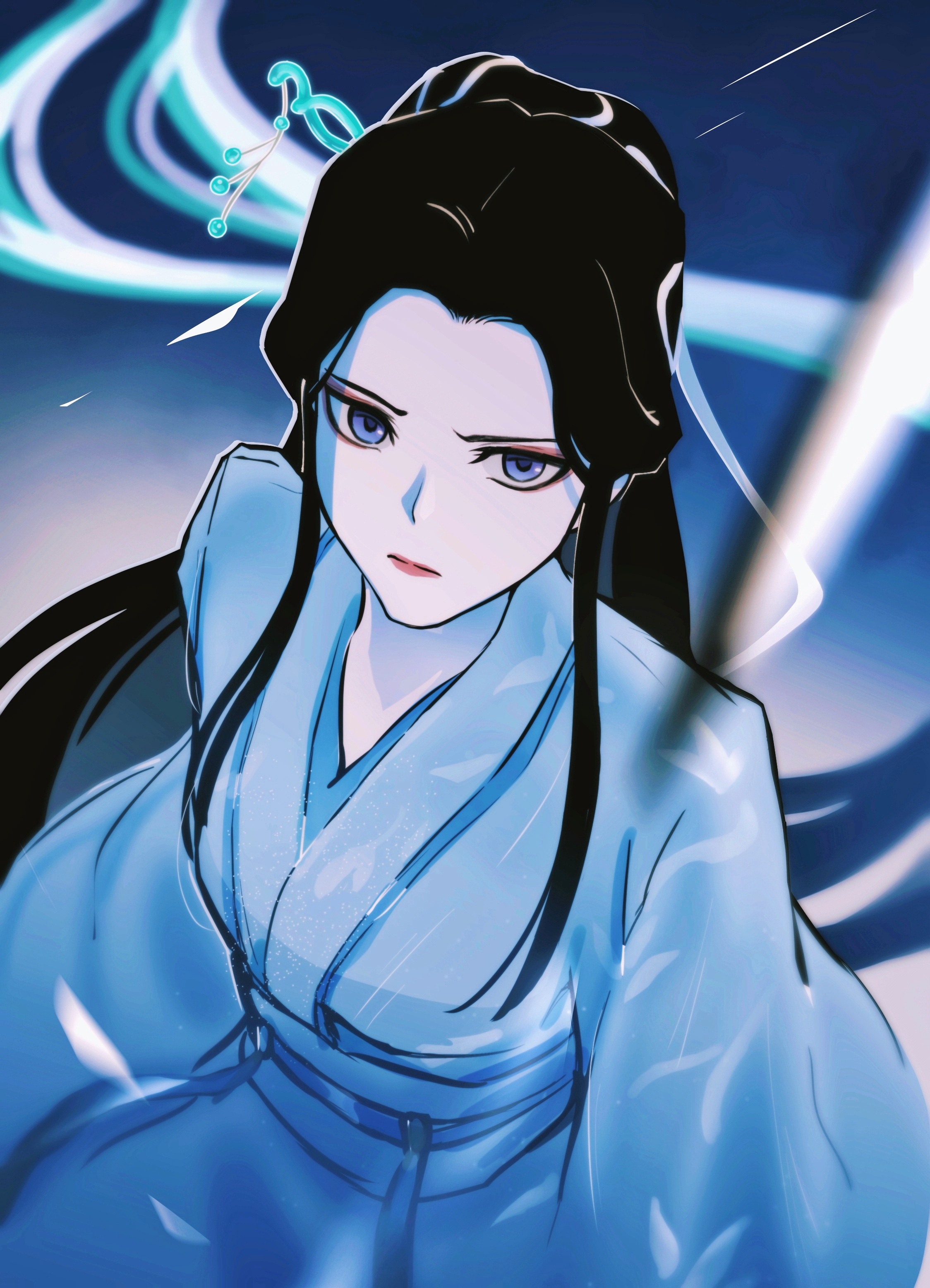 antatica11, xiao bai, baishe: yuanqi, absurdres, chinese commentary, commentary request, highres, 1girl, baishe: fu sheng, black hair, blue eyes, chinese clothes, from above, ponytail, red lips, sidelocks, solo, upper body