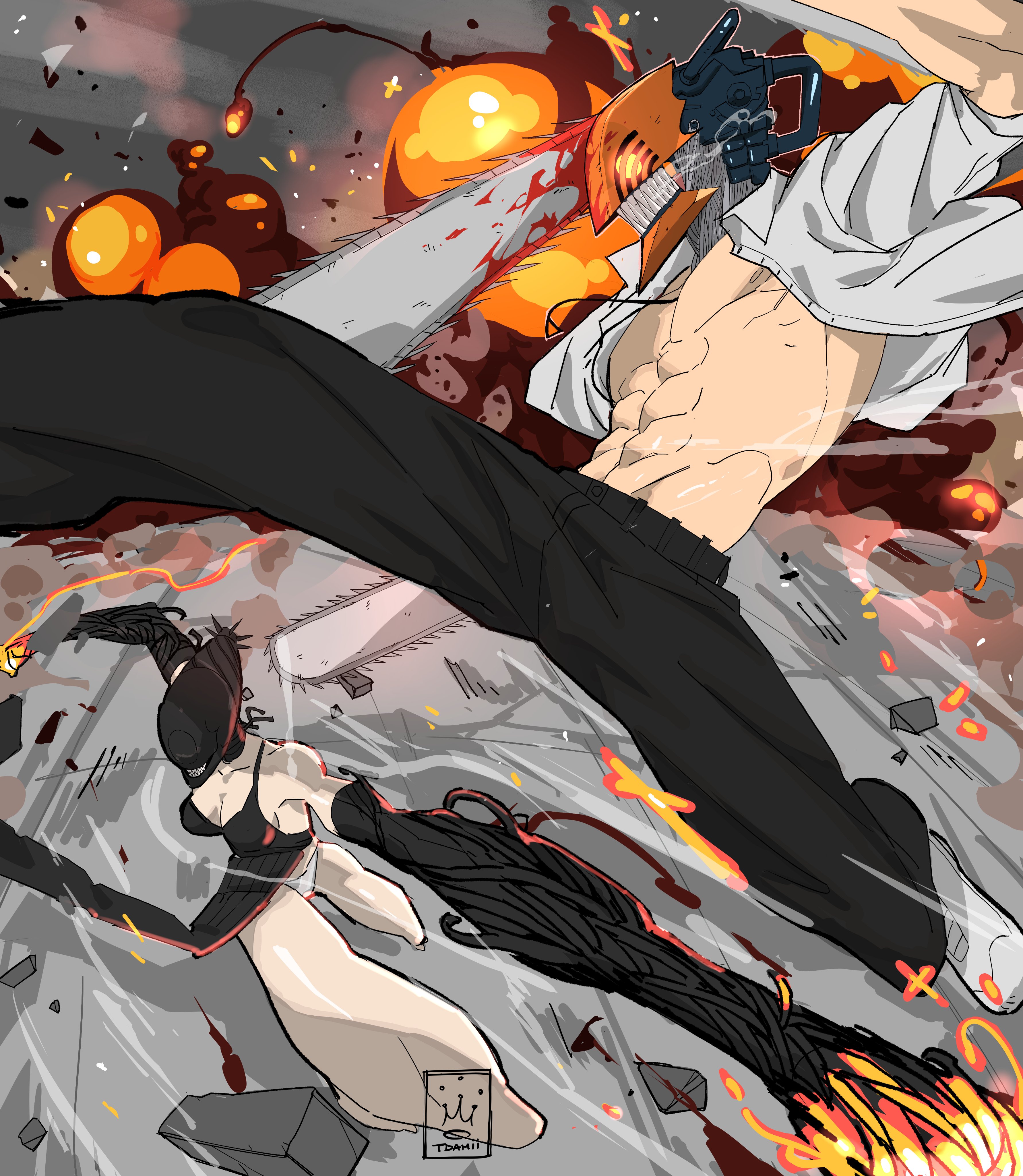 tdamilare11, bomb devil (chainsaw man), denji (chainsaw man), chainsaw man, absurdres, highres, 1boy, 1girl, abs, alternate form, apron, battle, black apron, black gloves, black pants, breasts, chainsaw, elbow gloves, explosion, gloves, medium breasts, open clothes, open shirt, panties, pants, sharp teeth, shirt, teeth, toned, toned male, underwear, white panties, white shirt