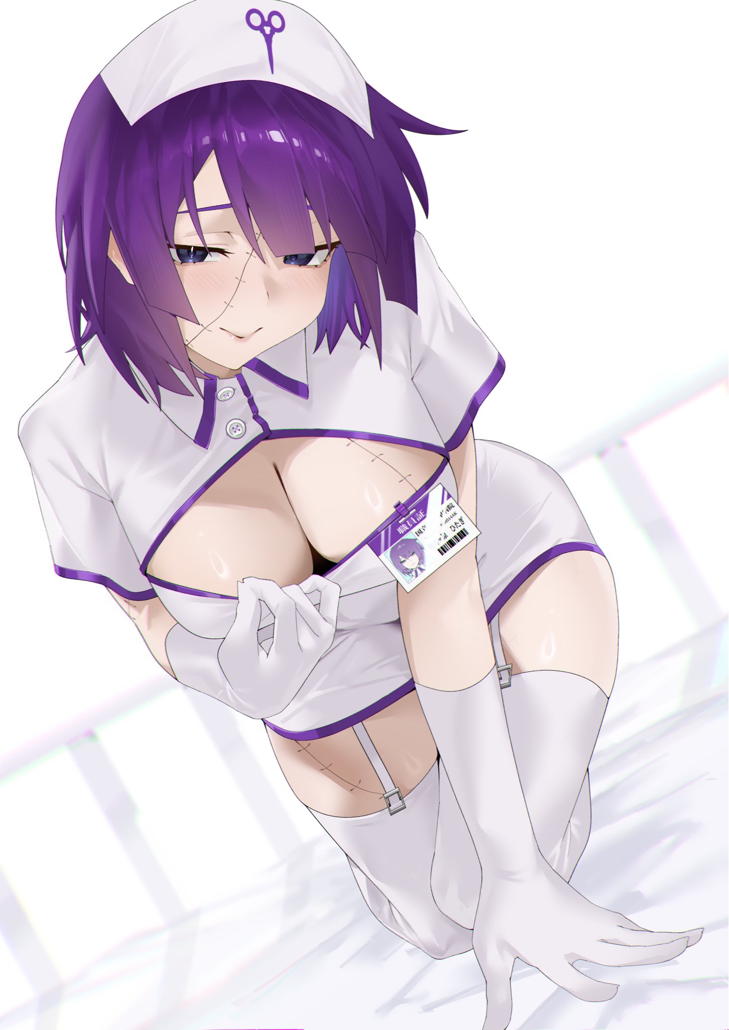 arril100, senjougahara hitagi, monogatari (series), highres, 1girl, all fours, alternate costume, blue eyes, blush, breasts, cleavage cutout, closed mouth, clothing cutout, dress, dutch angle, full body, garter straps, gloves, hat, id card, large breasts, looking at viewer, medium hair, nurse, nurse cap, purple hair, short dress, short sleeves, simple background, solo, stitched face, stitched leg, stitches, thighhighs, white background, white dress, white gloves, white thighhighs, zettai ryouiki