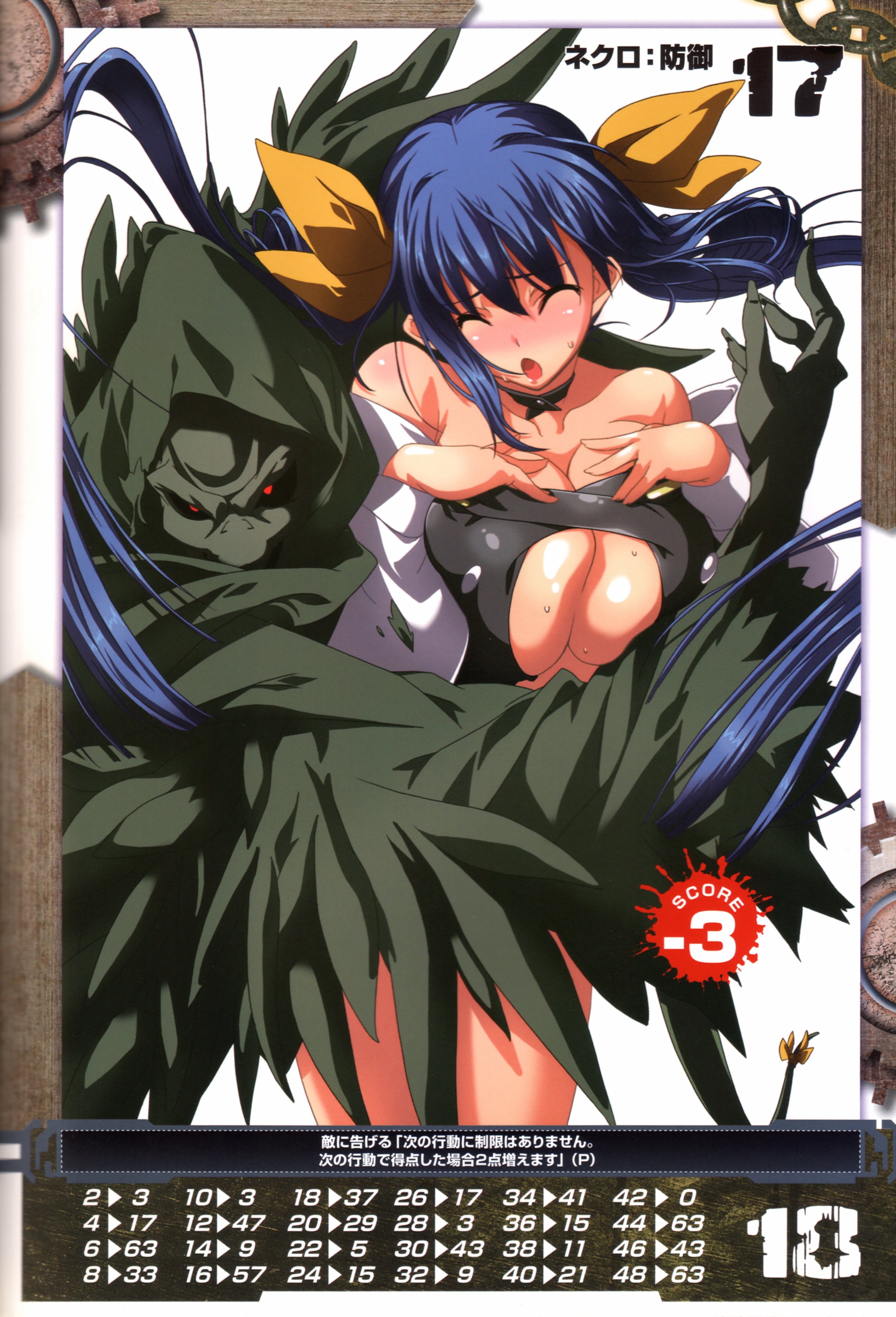 inoue takumi, dizzy (guilty gear), necro (guilty gear), arc system works, guilty gear, queen's blade, queen's gate, absurdres, highres, official art, 1girl, asymmetrical wings, blue hair, breast suppress, breasts, choker, cleavage, closed eyes, female focus, large breasts, long hair, ribbon, solo, tail, tail ornament, tail ribbon, wings