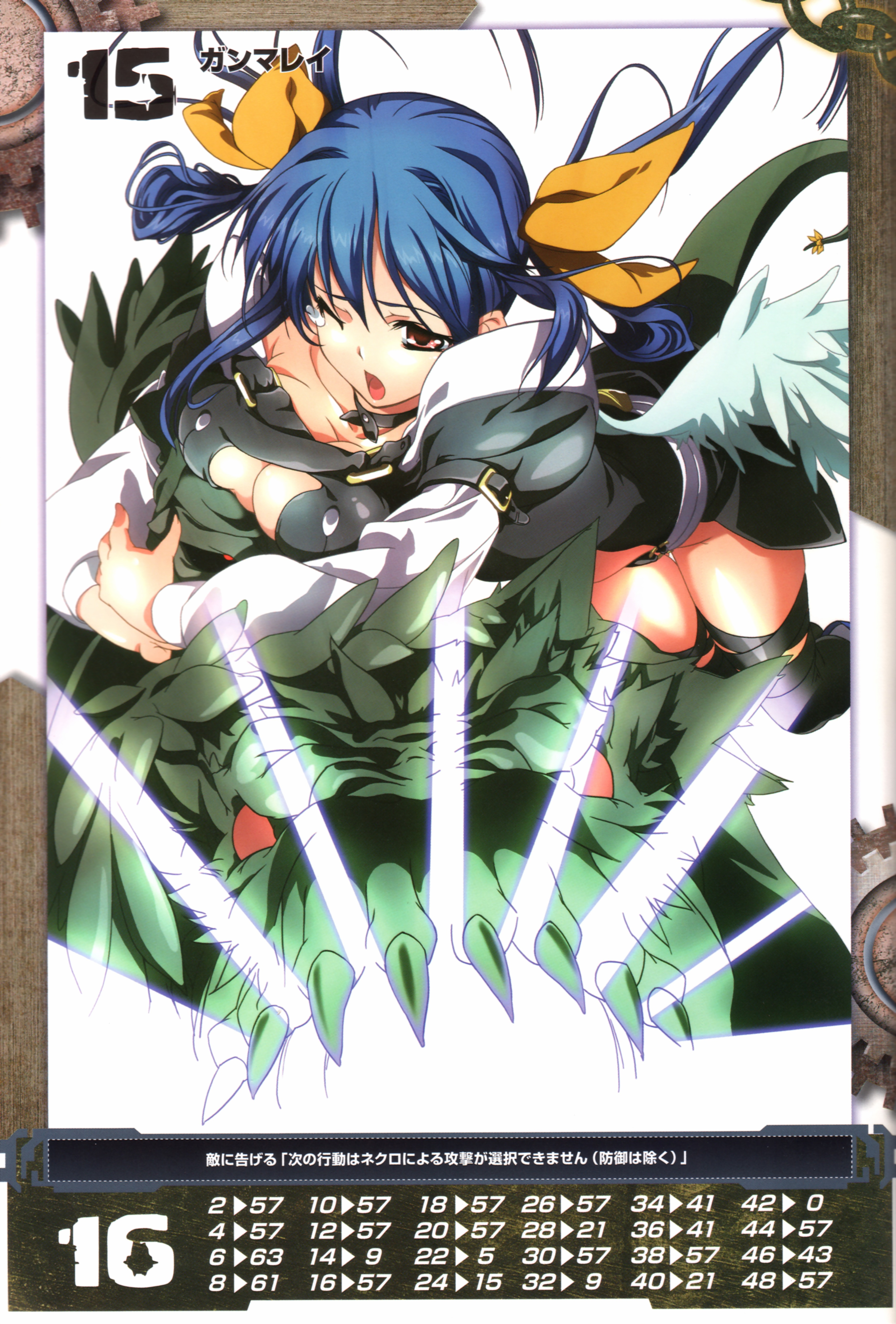 inoue takumi, dizzy (guilty gear), necro (guilty gear), arc system works, guilty gear, queen's blade, queen's gate, absurdres, highres, official art, 1girl, asymmetrical wings, blue hair, breast press, breasts, choker, female focus, hug, red eyes, sharp teeth, solo, tail, tears, teeth, thighhighs, wince, wings