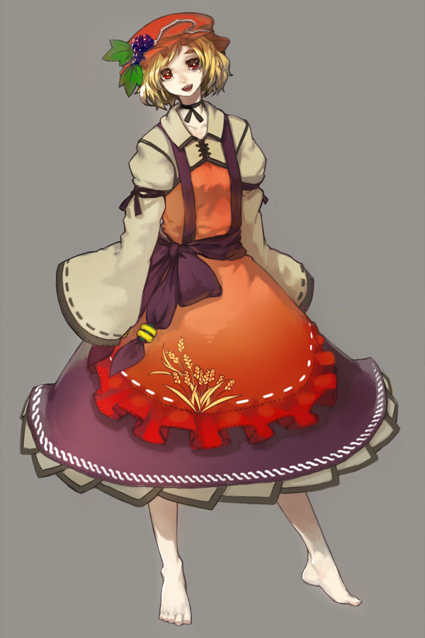 tlman, aki minoriko, touhou, 1girl, barefoot, blonde hair, feet, female focus, food, food-themed clothes, food as clothes, fruit, full body, grapes, grey background, hat, leaf, red eyes, short hair, simple background, solo, standing