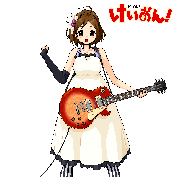yuuki (silent moon), hirasawa yui, don't say "lazy", k-on!, 00s, 1girl, electric guitar, female focus, gibson les paul, guitar, instrument, pantyhose, pixel art, solo, striped clothes, striped pantyhose, vertical-striped clothes, vertical-striped pantyhose, white background