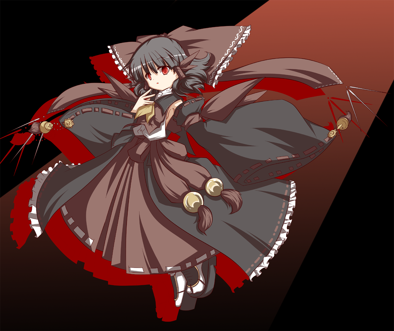 mori no kaeru, hakurei reimu, touhou, 1girl, adapted costume, black background, black hair, detached sleeves, female focus, full body, gradient background, japanese clothes, miko, red eyes, short hair, simple background, solo