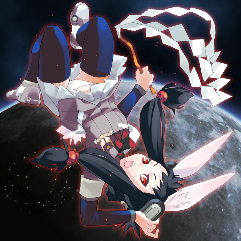 isnchi, sansui.aoba, 1girl, female focus, floating hair, panties, solo, space, thighhighs, underwear