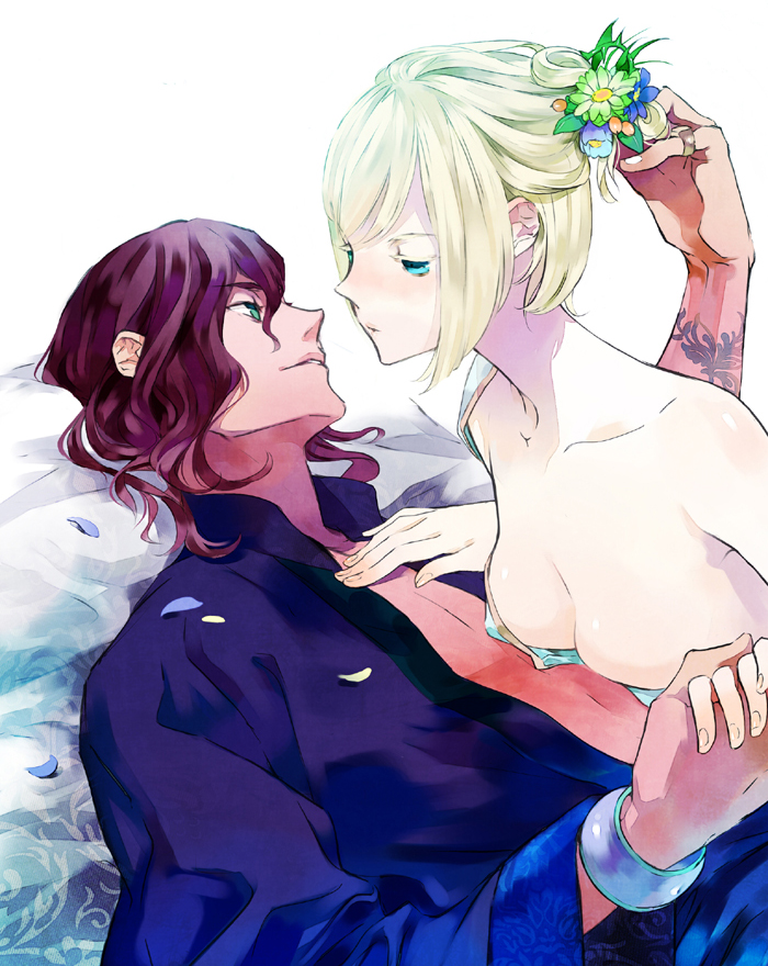 naoe marimo, ashihara chihiro, harukanaru toki no naka de, harukanaru toki no naka de 4, 00s, 1boy, 1girl, aqua eyes, blonde hair, blue eyes, couple, hetero, imminent kiss, lying