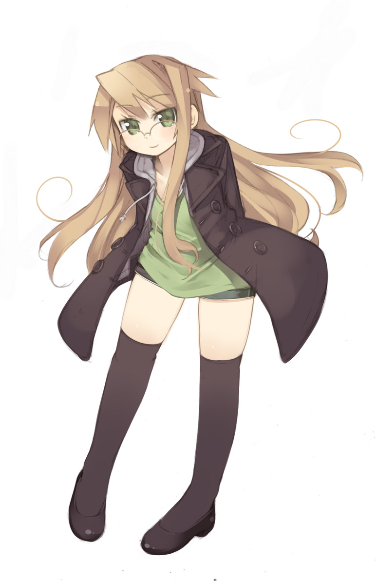 kashiwamochi yomogi, arima senka, original, bad id, bad pixiv id, blonde hair, coat, glasses, green eyes, long hair, smile, solo, thighhighs, tsurime