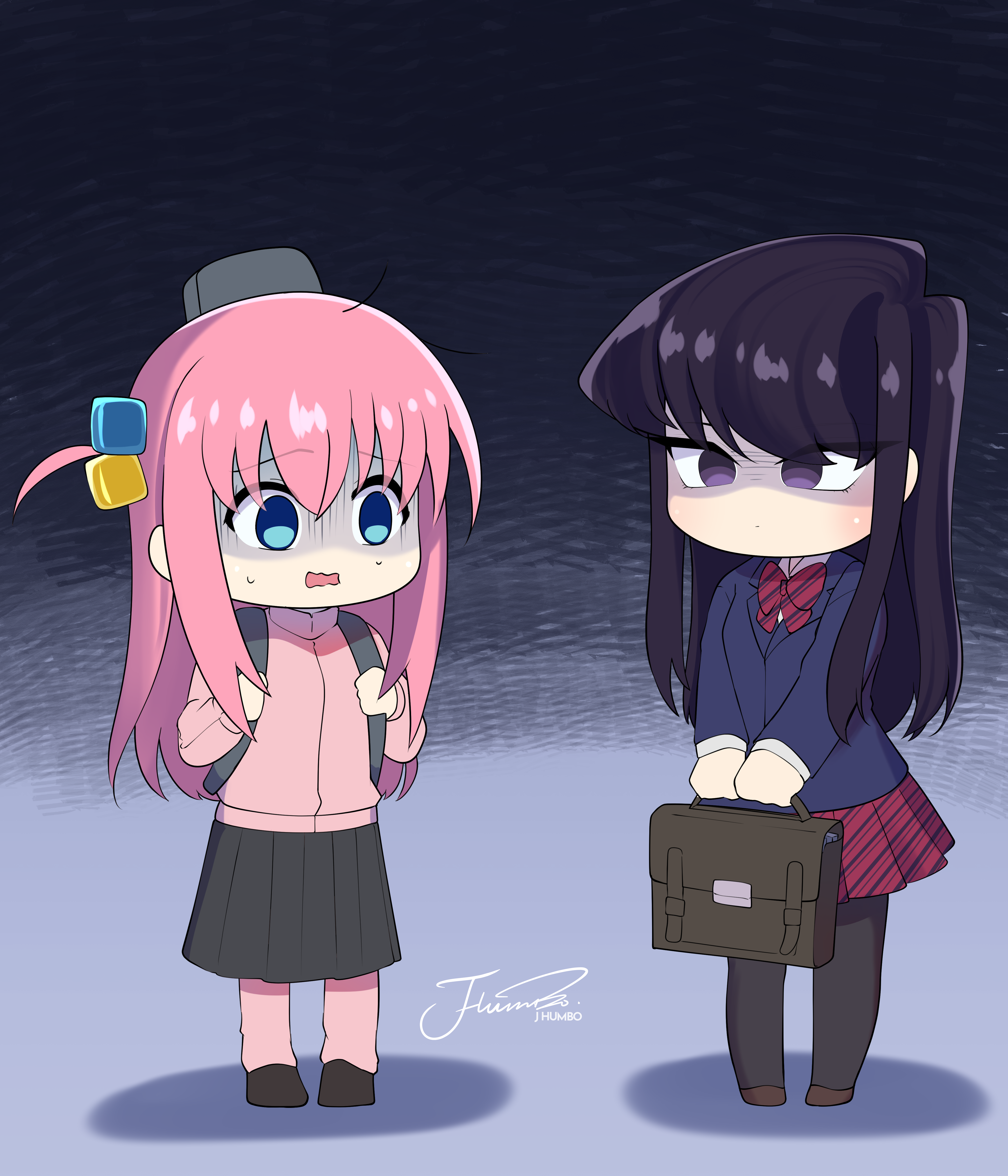 j humbo, gotoh hitori, komi shouko, bocchi the rock!, komi-san wa komyushou desu, absurdres, commentary, highres, 2girls, black hair, blue eyes, cube hair ornament, full body, hair ornament, itan private high school uniform, jacket, long hair, long sleeves, multiple girls, one side up, pantyhose, pink hair, pink jacket, pink track suit, school uniform, shaded face, track jacket, track suit, trait connection, wavy mouth