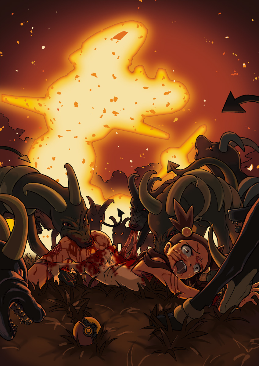 sabaku chitai, houndoom, jasmine (pokemon), steelix, nintendo, pokemon, pokemon gsc, 1990s (style), 1girl, bad end, biting, blood, death, eating, epic, fangs, fire, gen 2 pokemon, glowing, glowing eyes, grass, guro, gym leader, hair bobbles, hair ornament, horns, imminent death, intestines, night, open mouth, pain, poke ball, pokemon (creature), red eyes, retro artstyle, scratches, short twintails, snuff, tears, torn clothes, twintails, two side up, vore, why