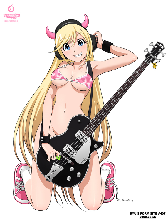 ryu (ryu's form site), pikachu, nintendo, original, pokemon, 1girl, bass guitar, bikini, bikini top only, blonde hair, blue eyes, bottomless, breasts, breasts apart, cleavage, costume, fang, female focus, gen 1 pokemon, gretsch, grin, headphones, horns, instrument, kneeling, large breasts, long hair, no panties, pink bikini, pink shoes, pokemon (creature), shoes, smile, sneakers, solo, swimsuit, very long hair