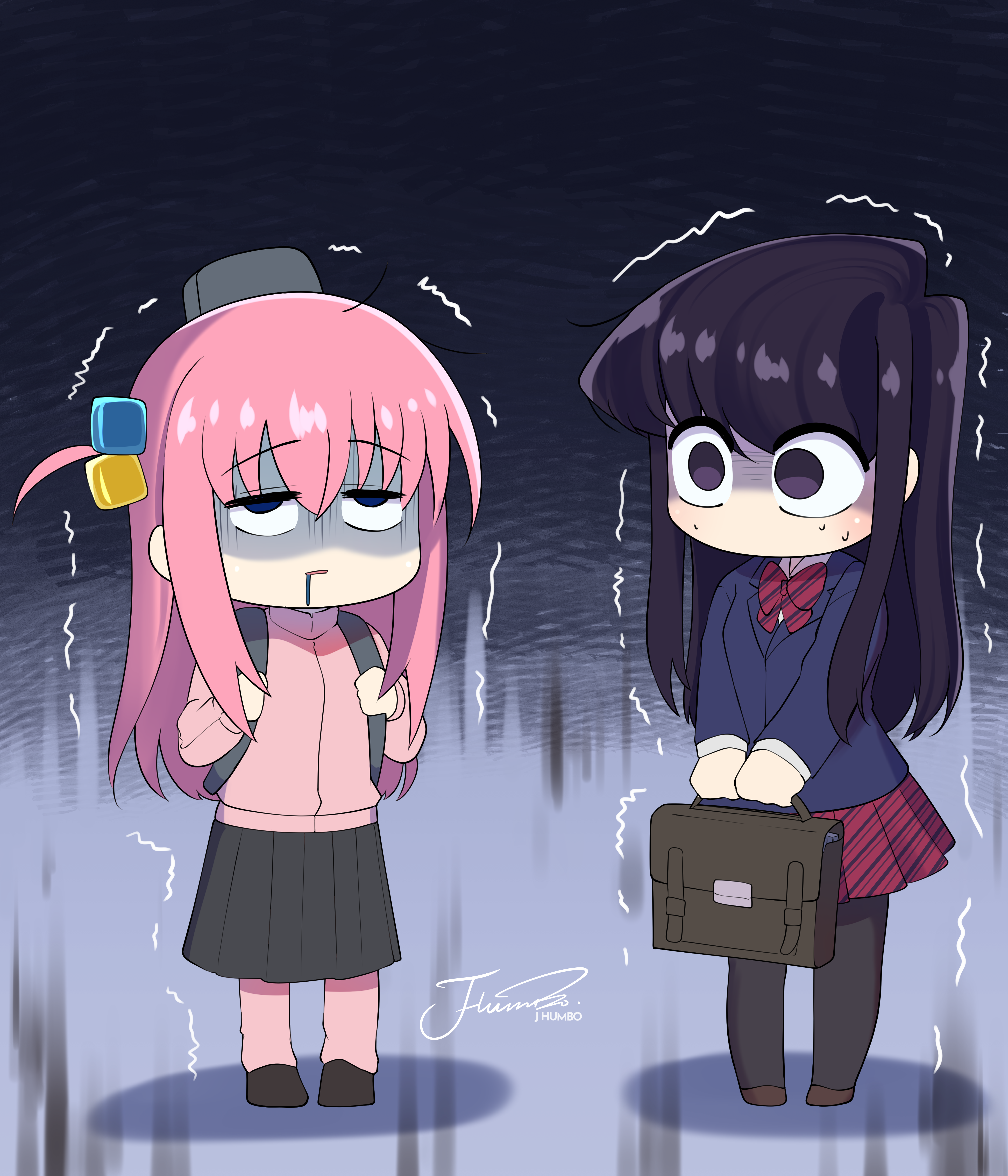 j humbo, gotoh hitori, komi shouko, bocchi the rock!, komi-san wa komyushou desu, absurdres, commentary, highres, 2girls, black hair, blue eyes, cube hair ornament, full body, hair ornament, itan private high school uniform, jacket, long hair, multiple girls, no mouth, one side up, pantyhose, pink hair, pink jacket, pink track suit, saliva, scared, school uniform, shaded face, sweat, track jacket, track suit, trait connection, trembling