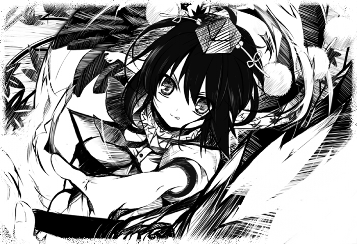 shino (eefy), shameimaru aya, touhou, duplicate, 1girl, female focus, from above, greyscale, hand fan, hat, looking at viewer, looking up, monochrome, short hair, smile, solo, tokin hat, tongue