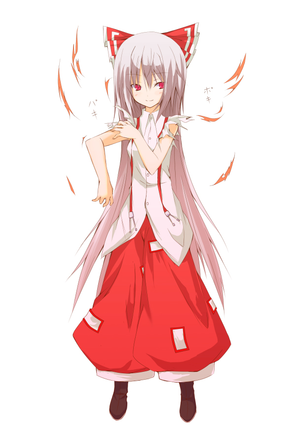 huei nazuki, fujiwara no mokou, touhou, silver hair, 1girl, boots, collared shirt, female focus, full body, long hair, long sleeves, looking at viewer, ofuda, pants, red eyes, shirt, simple background, solo, standing, suspenders, very long hair, white background